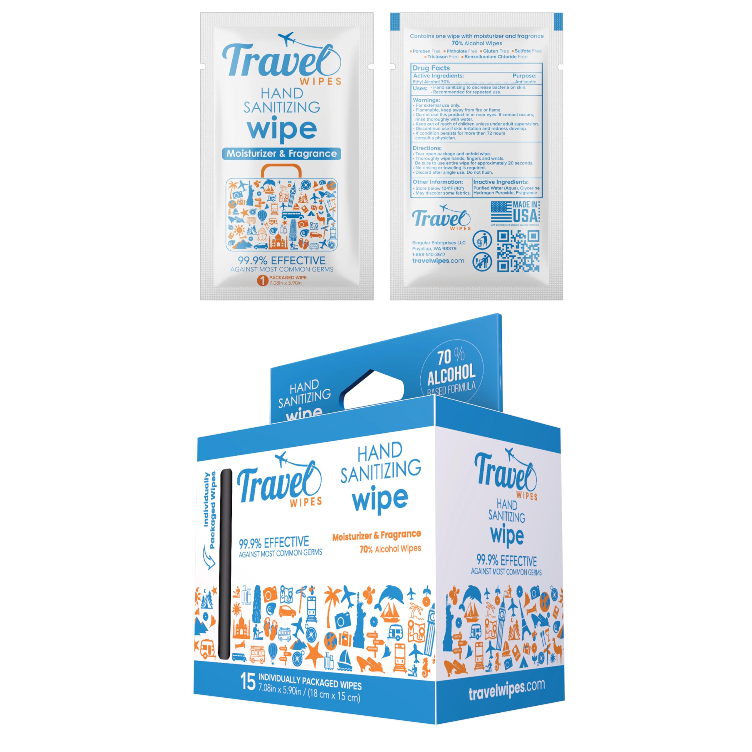 Hand Sanitizing Travel Wipes – 15ct Individually Wrapped | Fresh Citrus Scent, Moisturizing, 70% Alcohol Wipes | Travel, Home, Office, Daily Use |