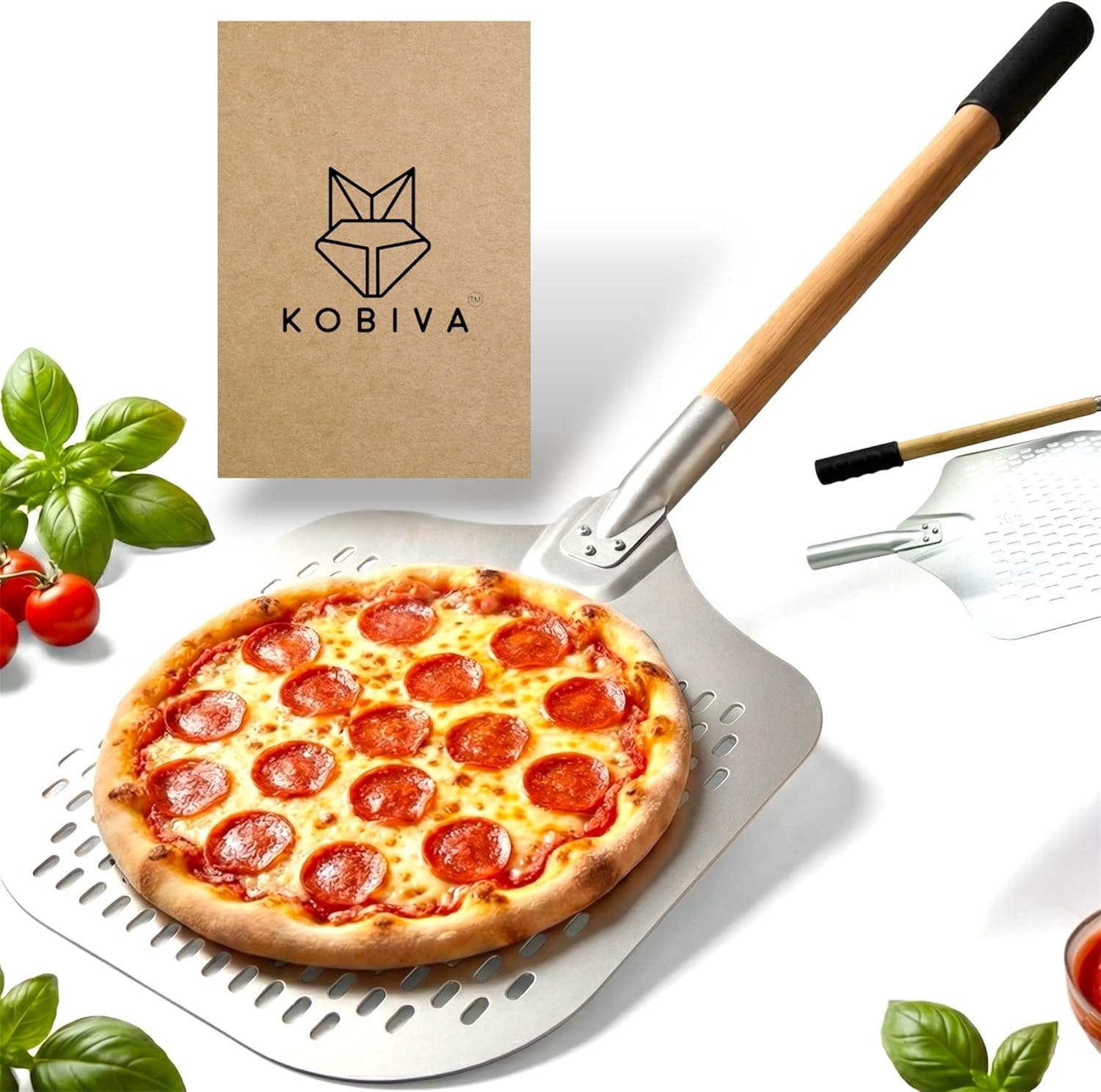 Professional 14"x12" Aluminum Pizza Peel with Detachable Beechwood Handle | Perforated Non-Stick Metal Pizza Paddle for Launching, Turning & Retrieving | Ooni Compatible Pizza Oven Accessories