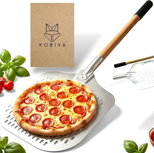 Pala profesional de aluminio para pizza con mango de madera de haya desmontable y agarre ergonómico, paleta perforada de metal antiadherente de 14 x