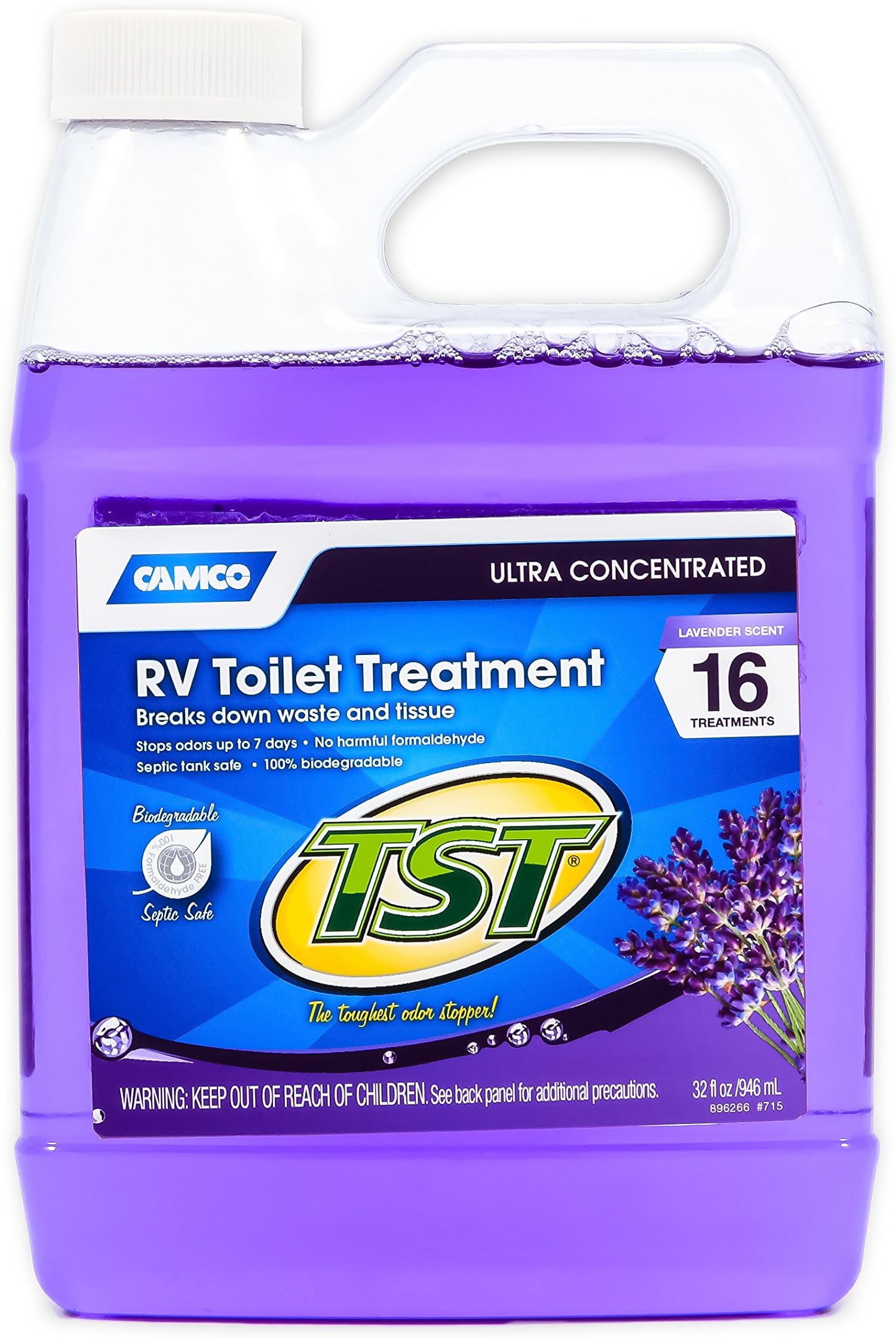 Camco TST MAX RV Toilet Treatment | Features a Biodegradable Septic Safe Formula, a Lavender Scent, and is Ideal for RVing, Boating, and More | 32 oz (41552)