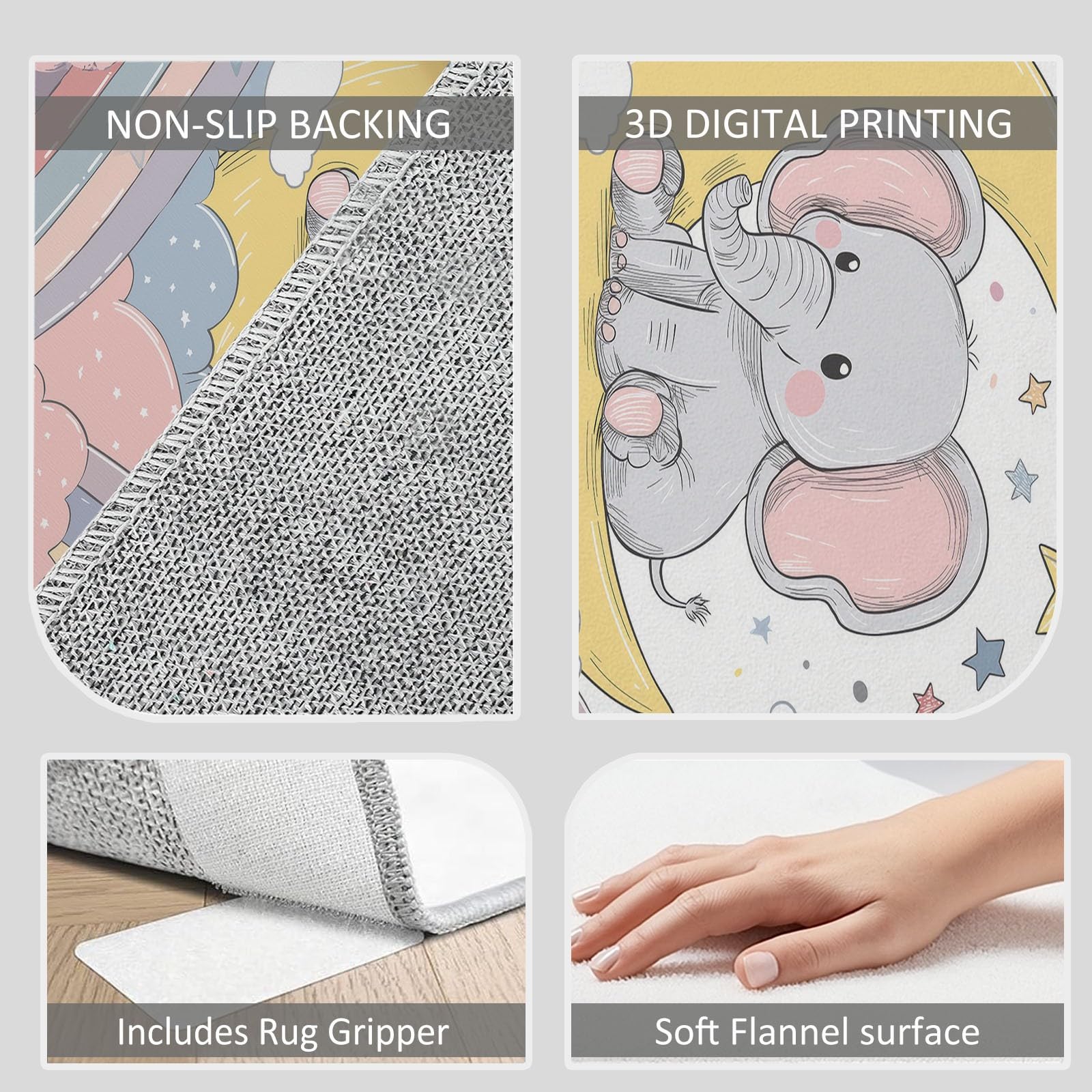 Tapis Salon Cartoon Lune Étoiles Éléphant Moquette Lavable en Machine avec Dessous Antidérapant, Tapis poils courts et moelleux Décoratif pour Chambre Cuisine Entrée et Maison Blanc, 160x230CM