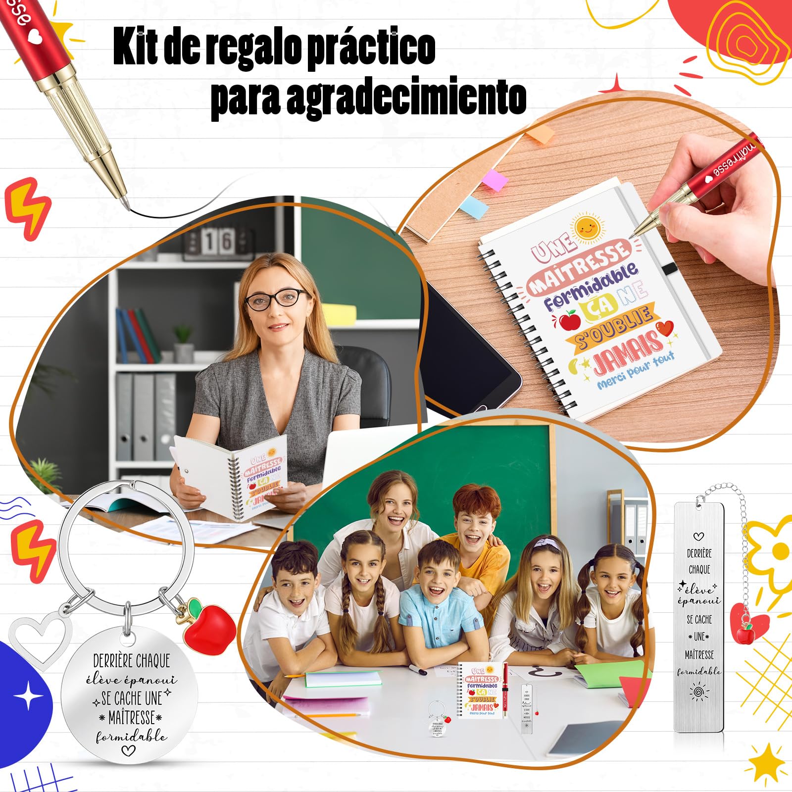 Sinmoe 4 Pièces Cadeau Merci Maîtresse Professeur Enseignant Cahier à Spirale de Format A6 Marque-Page Porte-Clés Stylo Rétractable pour École Fin d'Année Cérémonie de Remise des Diplômes
