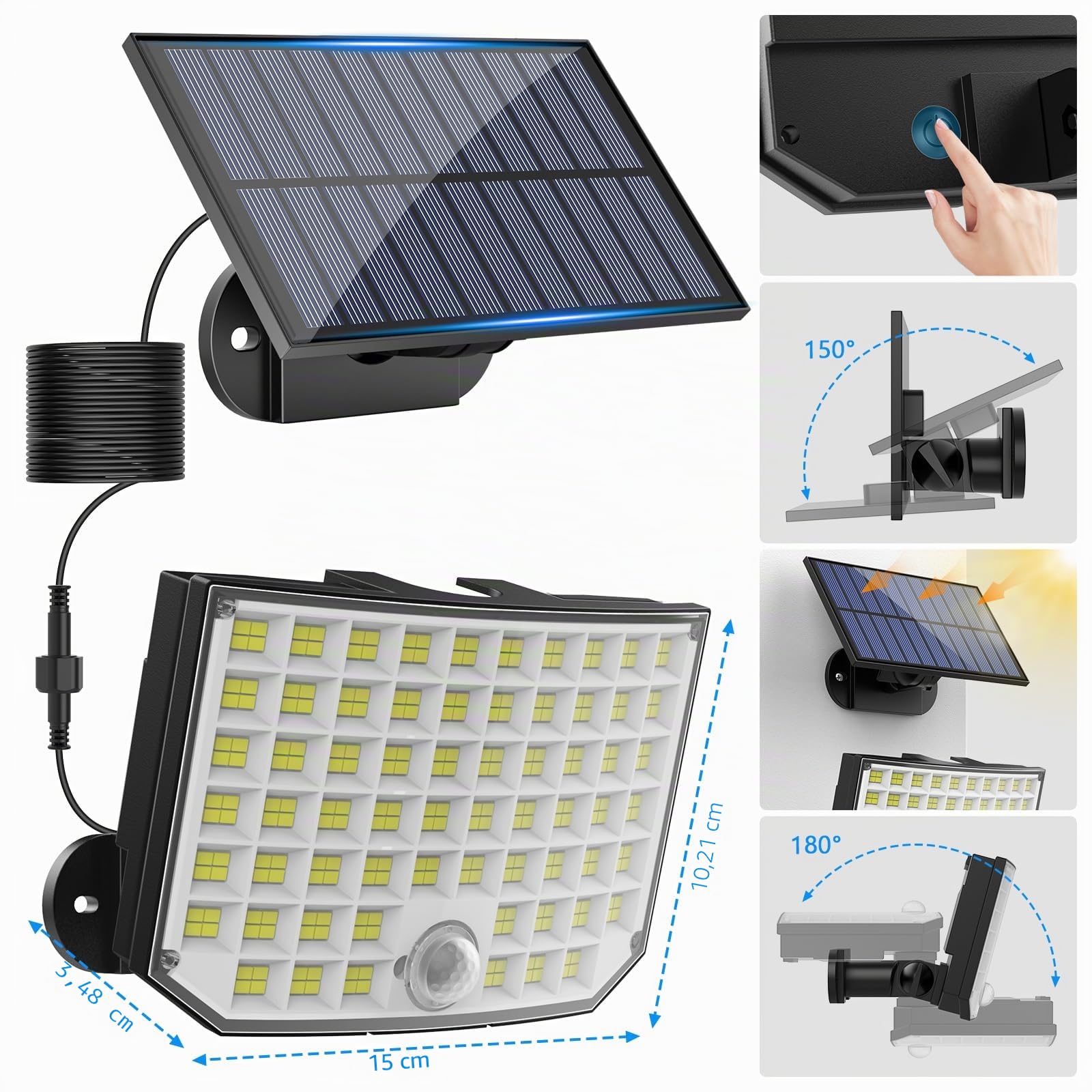 Faretti Solari a LED da Esterno, 256 LED 3 modelli Luce Solare LED Esterno con Sensore di Movimento, IP65 Impermeabile Lampada Solare da Esterno con Estensore 5M Giardino Garage 2 Pezzi