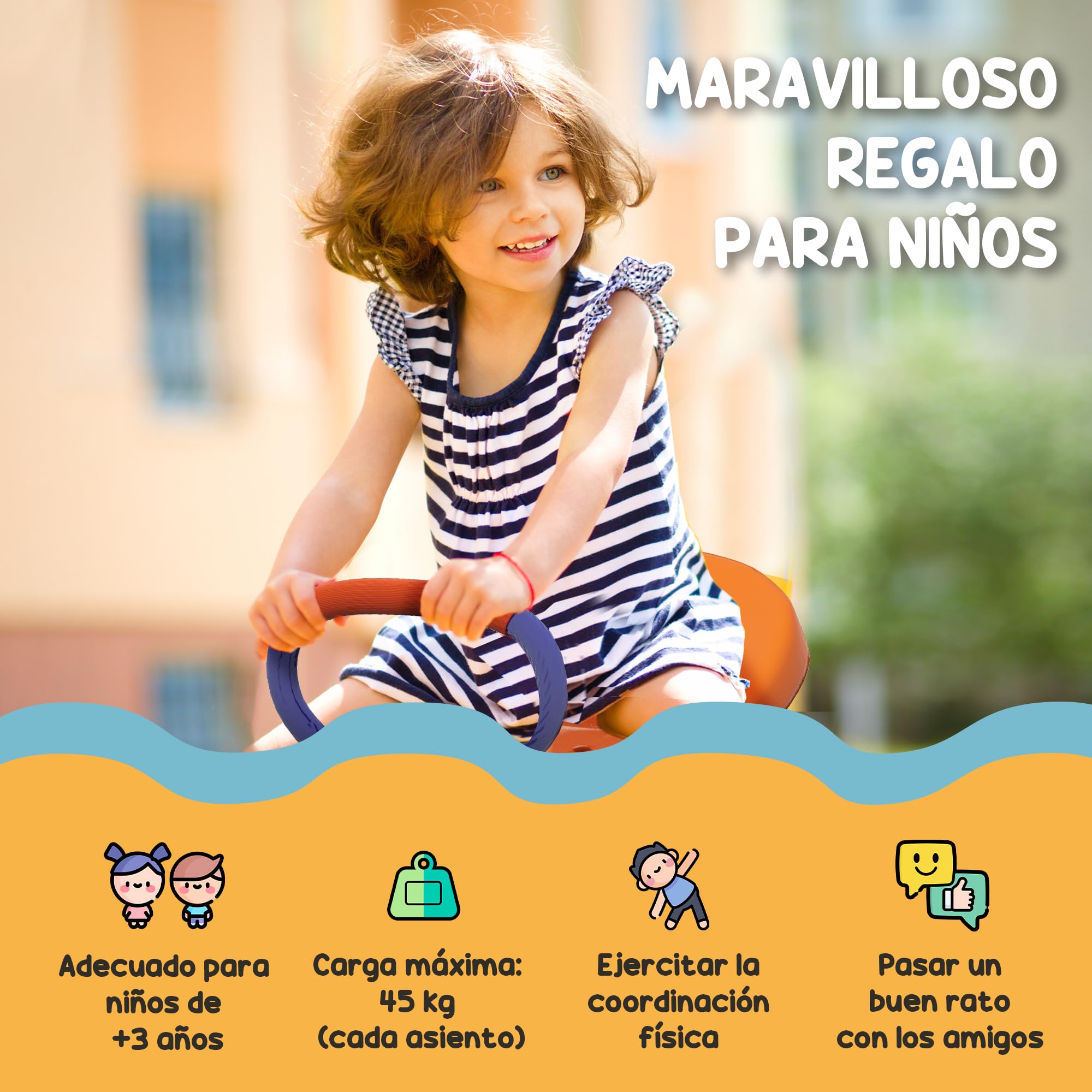 Outsunny Balancín para Niños Carga 90 kg Sube y Baja Infantil Giratorio 360° Barra con Longitud Ajustable con Poste Amortiguador Asiento Cómodo Asa Suave y Base de Acero para Patio Jardín Multicolor