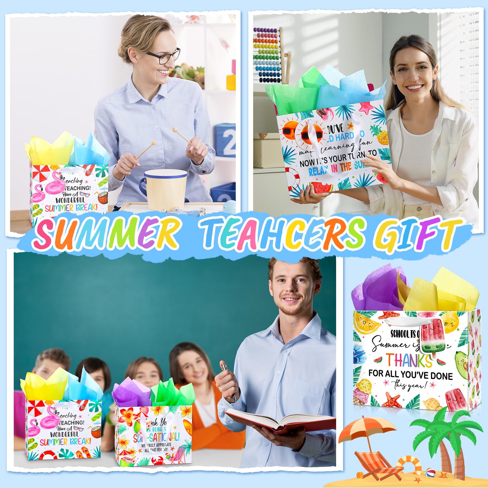 Kolldenn 12 Pcs End of Year Teacher Gifts Appreciation Gift Bag with Tissue Paper 10 x 8 x 4'' Medium Summer Thank You Teacher Wrapping Bag with Tag for Retirement School Year End Appreciation