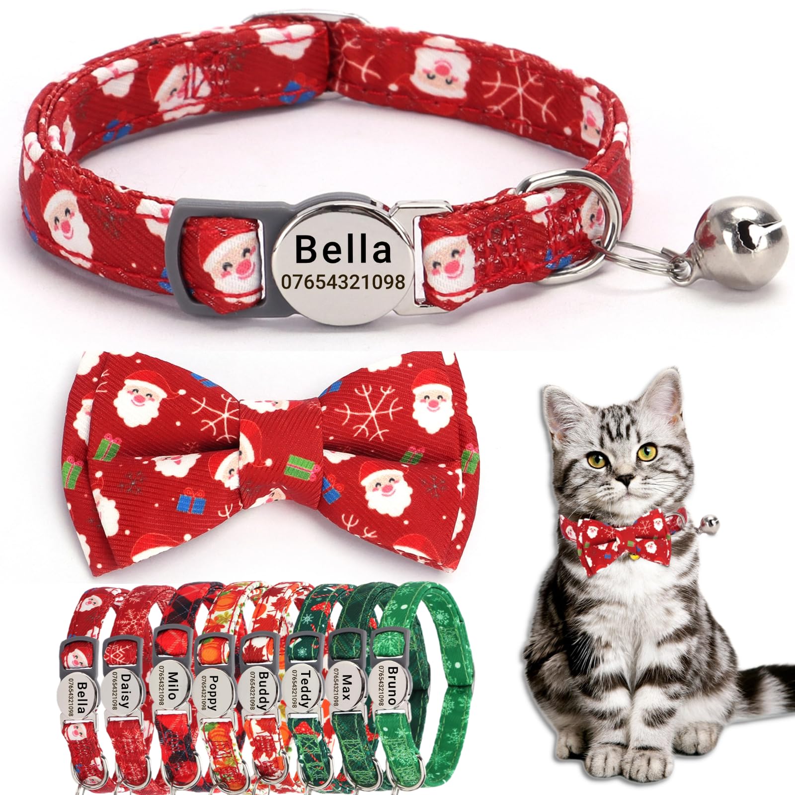 SEOUGEE Christmas Cat Collar Personalised with Bowtie & Bell, Quick Release Adjustable Breakaway Safety Cat Collars, Custom Engraved Name Tag for Cats Kitten Puppy (Santa, 19-30cm)