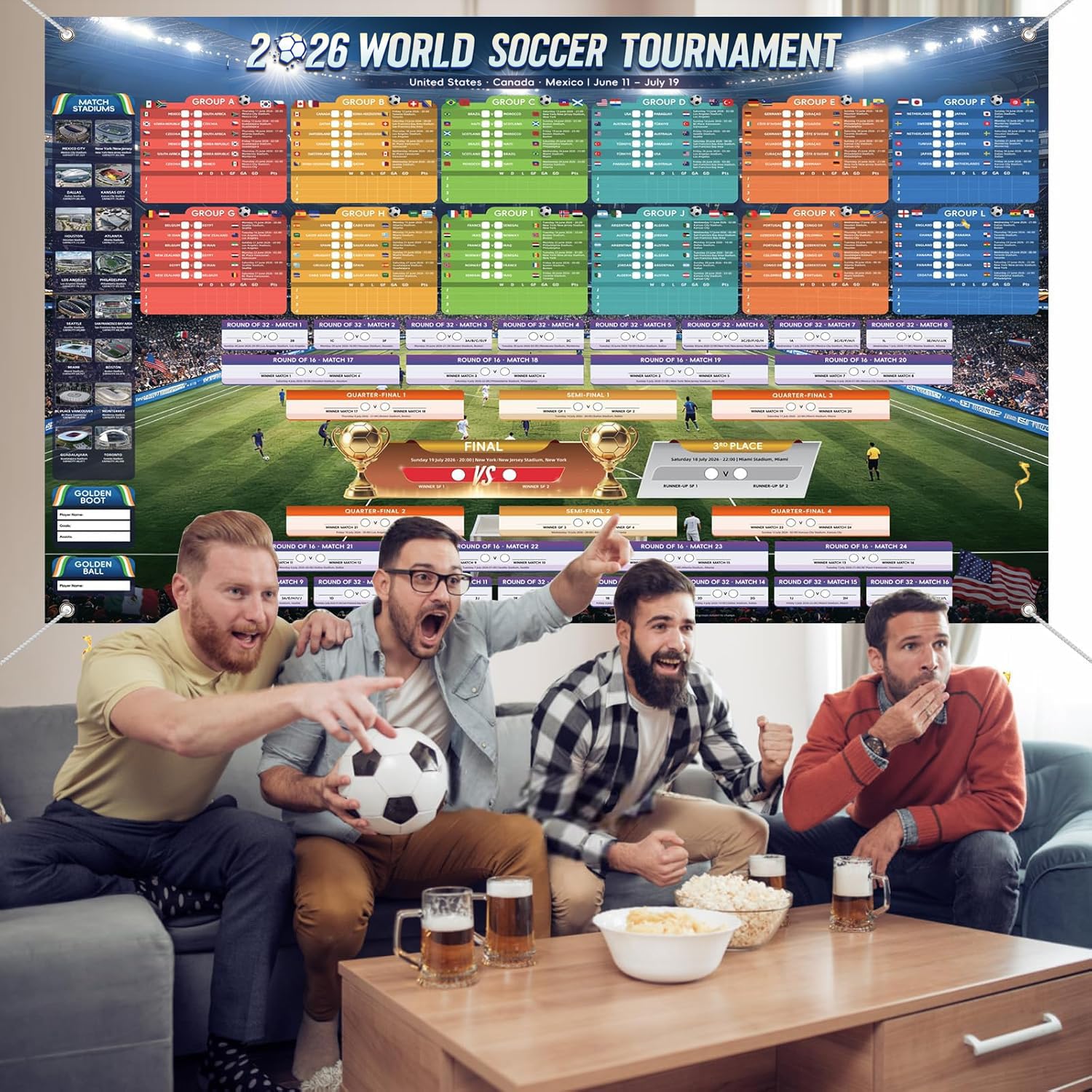 Poster Calendrier Foot 2026 Double Face – 90x60 Cm – Avec 2 Posters, 1 Stylo, 8 Autocollants – Cadeau Fan