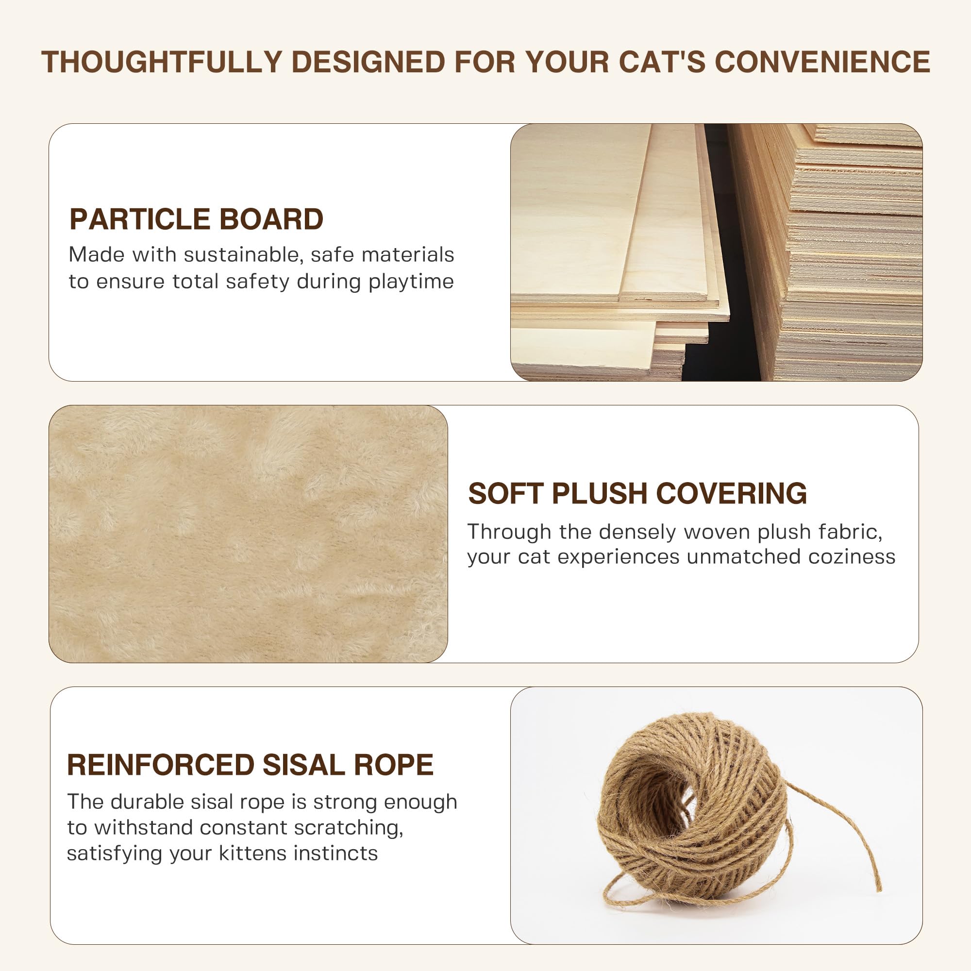 Close-up images of particle board, soft plush covering, and reinforced sisal rope, highlighting the materials used in the cat wall system.