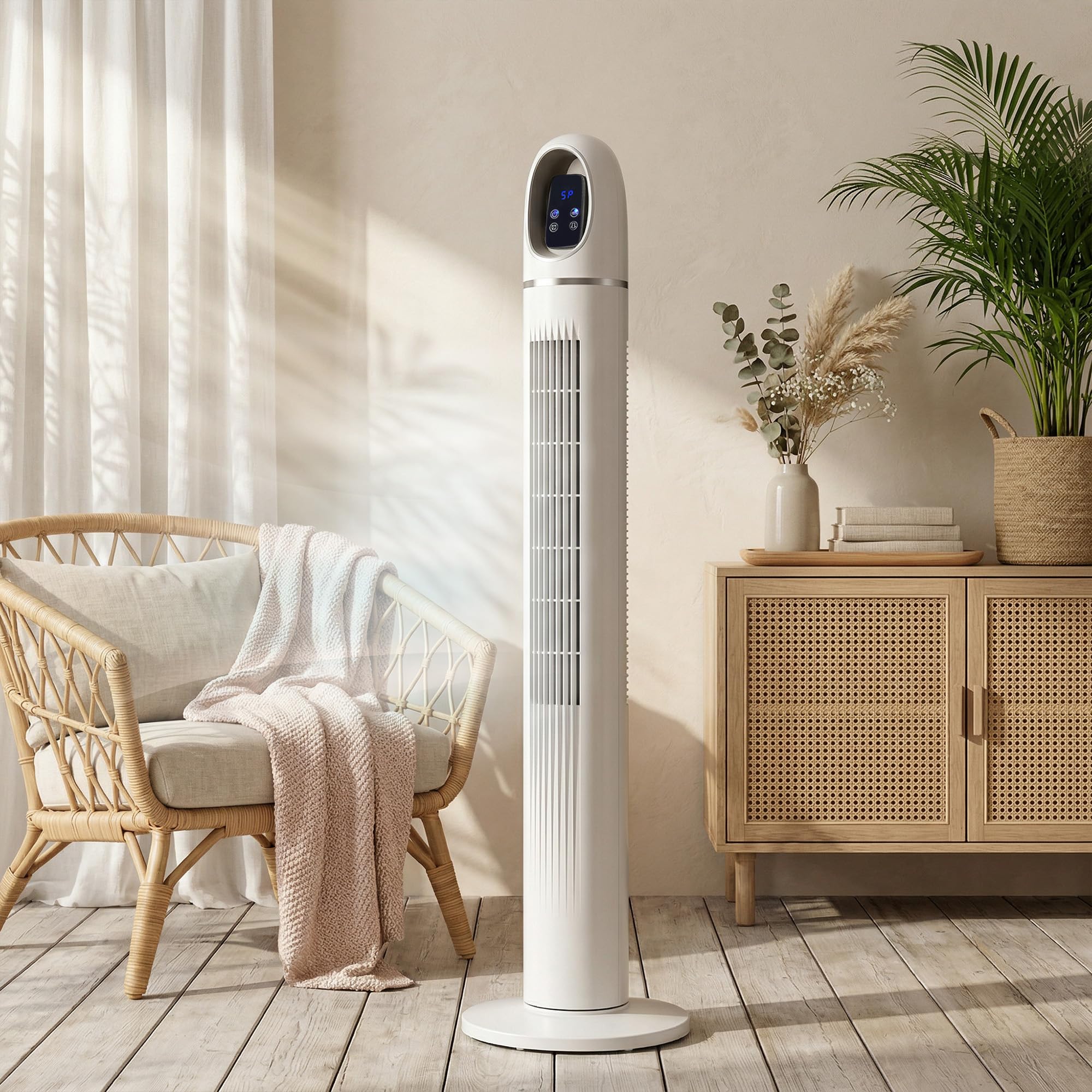 HOMCOM Ventilatore a Torre per Camera da Letto con 4 Modalità, 3 Velocità, Ventilatore da Pavimento Oscillante a 70°, Display LED, Timer 24 Ore e Telecomando, 110 cm, Bianco