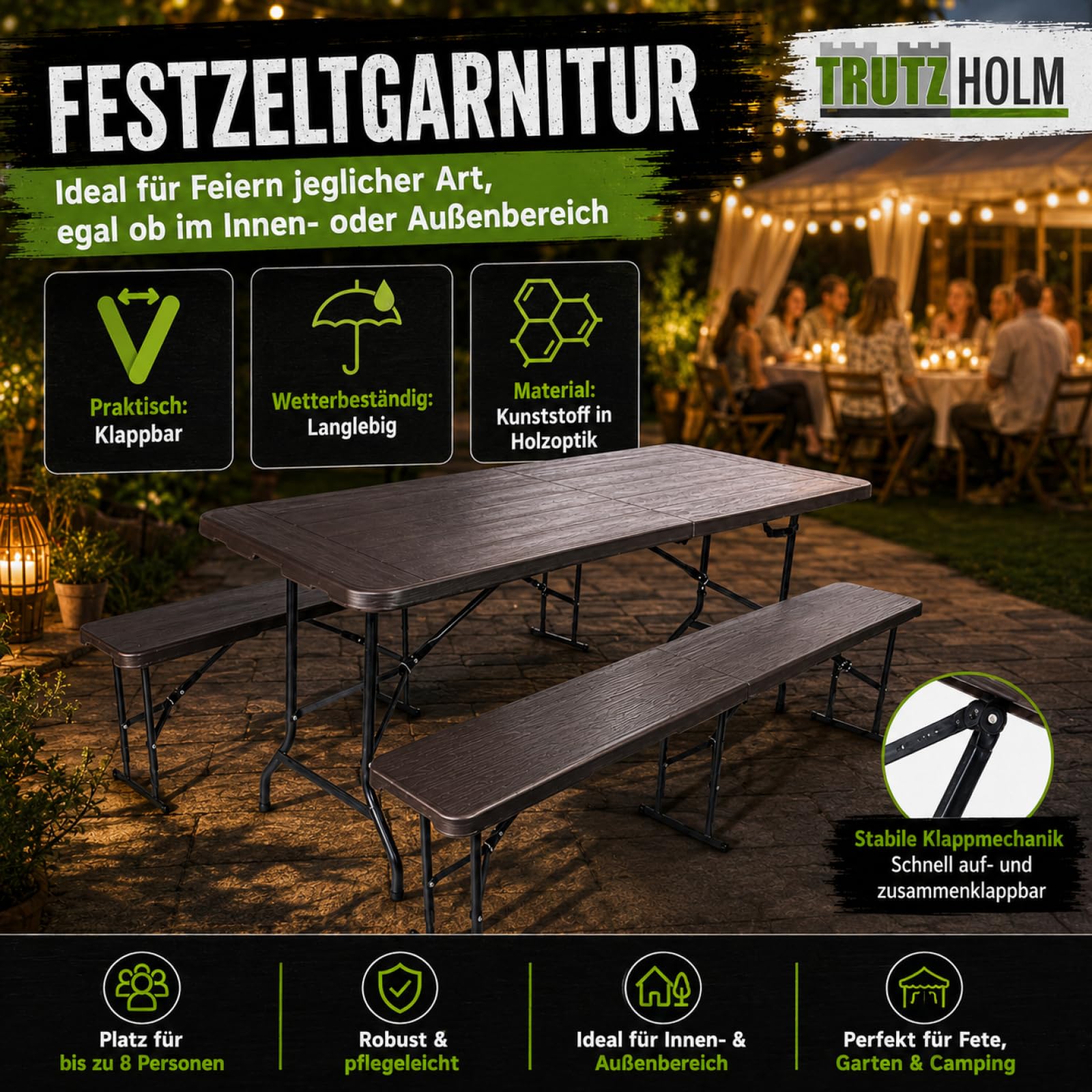 TRUTZHOLM Bierzeltgarnitur in Grauer Holzoptik Festzeltgarnitur 180x75cm klappbar Gartenmöbelset 2 Bierbänke 1 Tisch Campingbedarf Gartenparty Balkon Garnitur