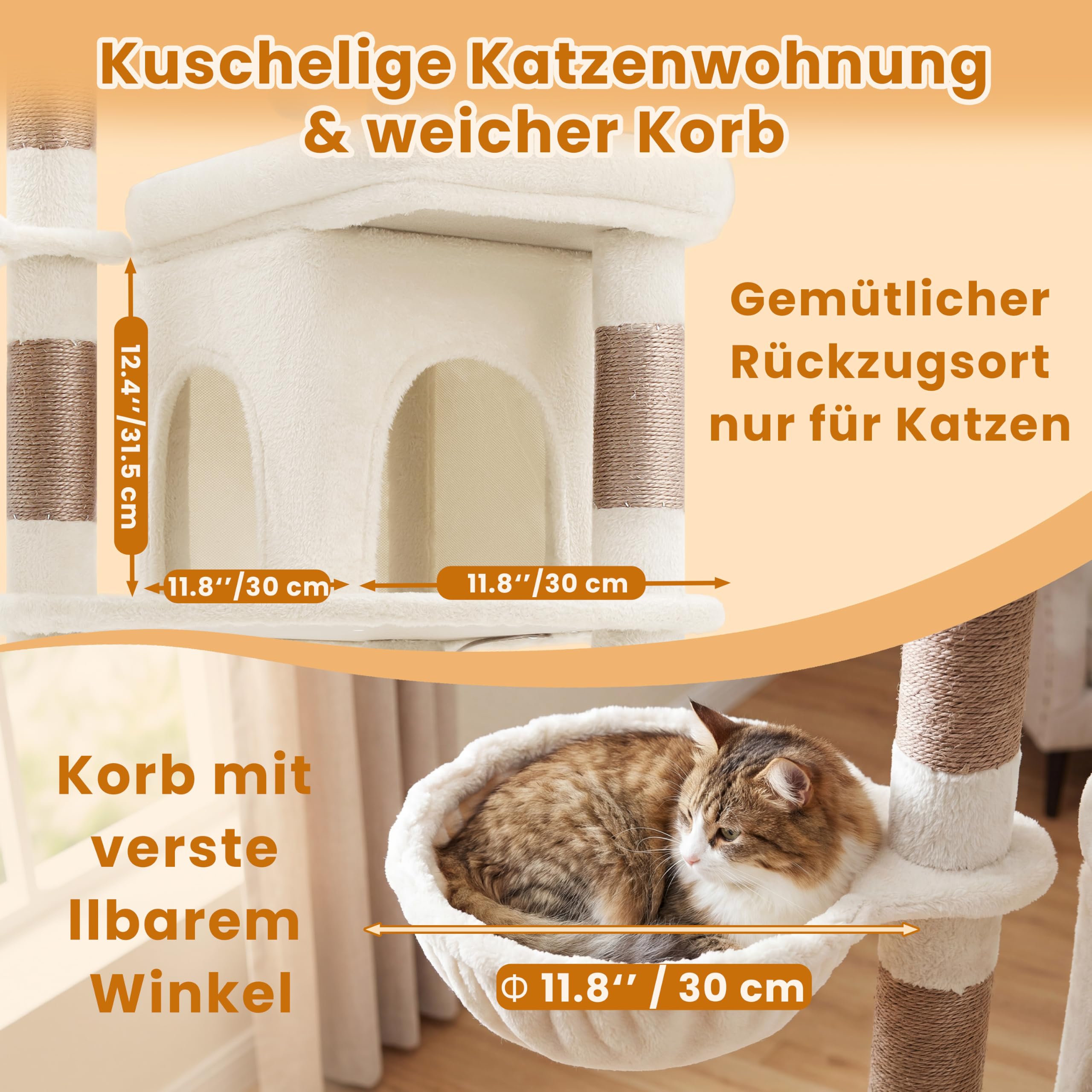 Heybly kratzbaum 142 cm mit Leichtem Aufstieg, 2 Ruheplattformen, Katzenhöhle, Hängematte und Korb, Natursisal-Kratzstämme, ideal für Wohnungskatzen, Beige HCT028MJ
