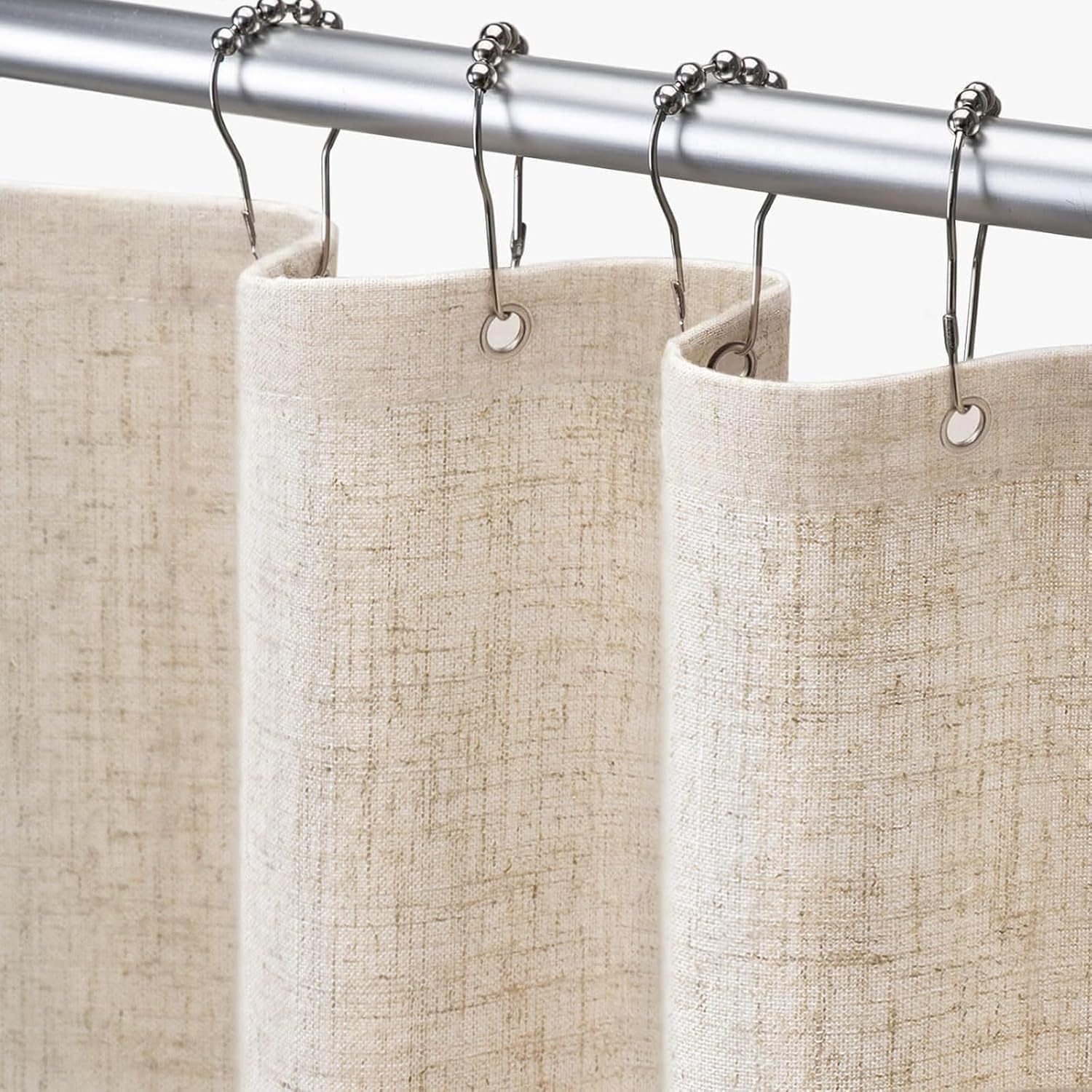 Hopomoon Beige Linen Shower Curtain,Farmhouse Boho Style Neutral Bathroom Decor Bath Curtain with 12 Hooks, 180 x 180 cm