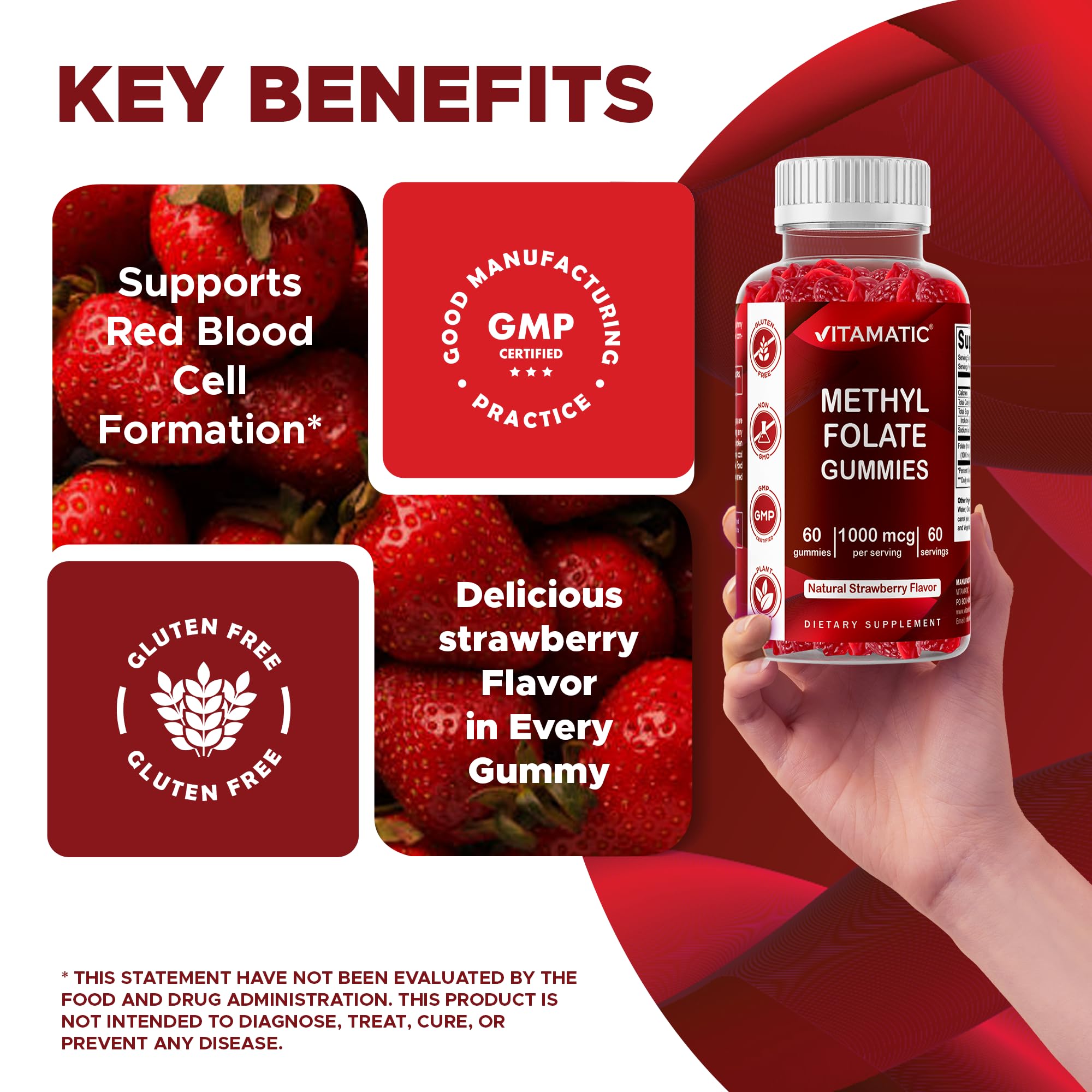 Vitamatic Methylfolate Gummies 1000 mcg – Active 5-MTHF Form – Natural Strawberry Flavor – Vegan, Non-GMO, Gluten Free – 60 Gummies — Amazon image 5