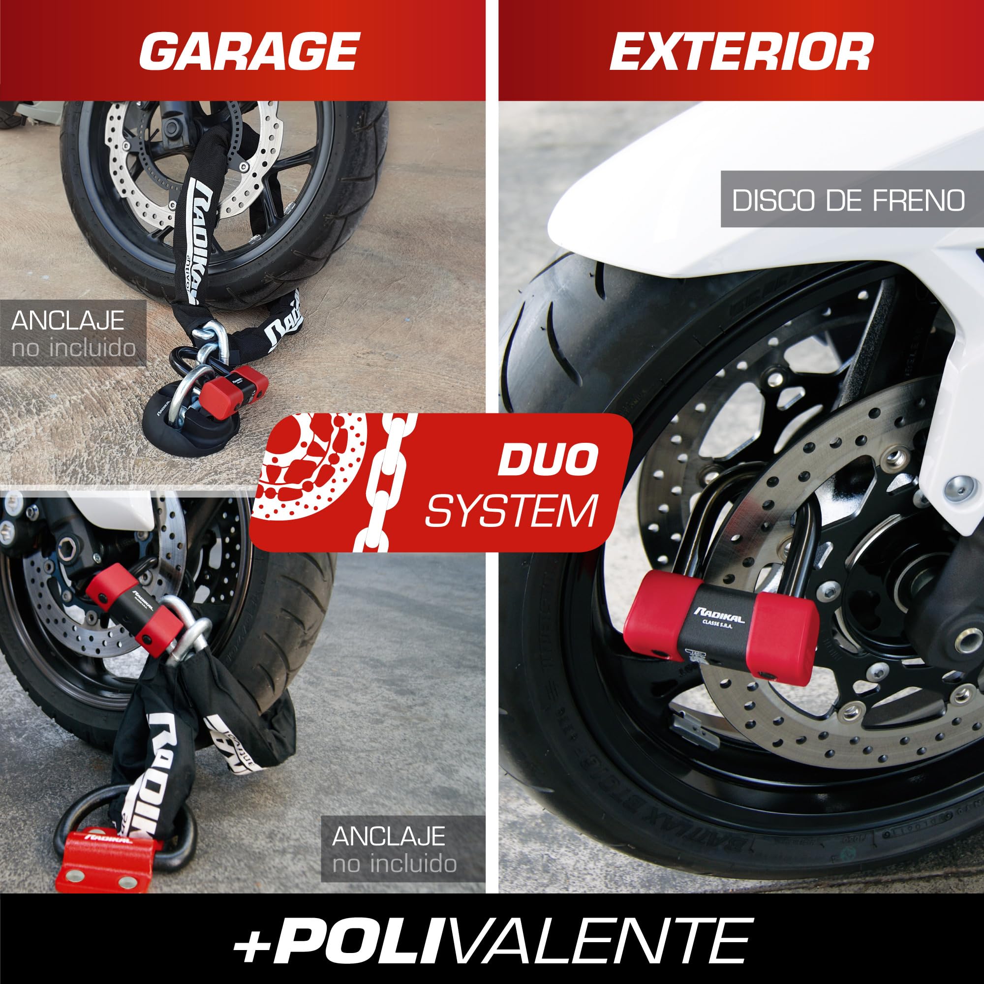 RADIKAL RK75100 Cadena Candado Antirrobo Pesado Premium ø15mm + Mini U, Alta Seguridad Homologada SRA, 100cm Completamente Testada +Visible, Antirobo Multifunción para Disco Freno, Anclaje, Parking