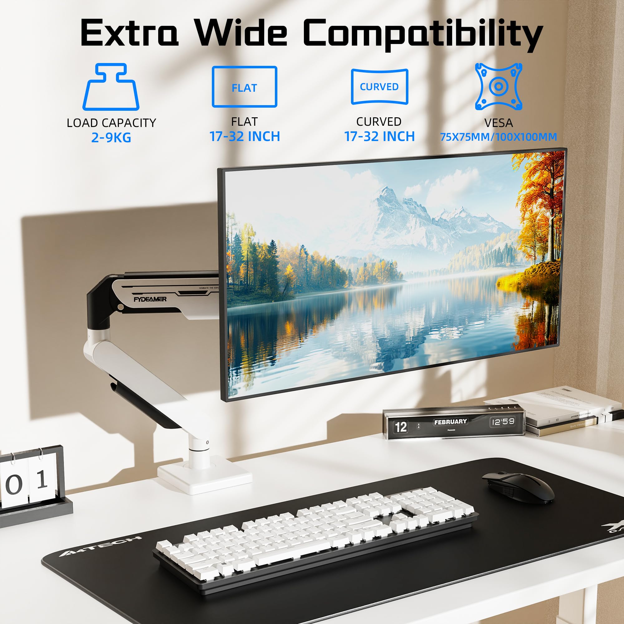 Fydeamer Braccio singolo per monitor, resistente supporto a molla a gas per schermi da 17-32 pollici fino a 9 kg, supporto da scrivania regolabile con movimento completo con compatibilità VESA 75 x 75