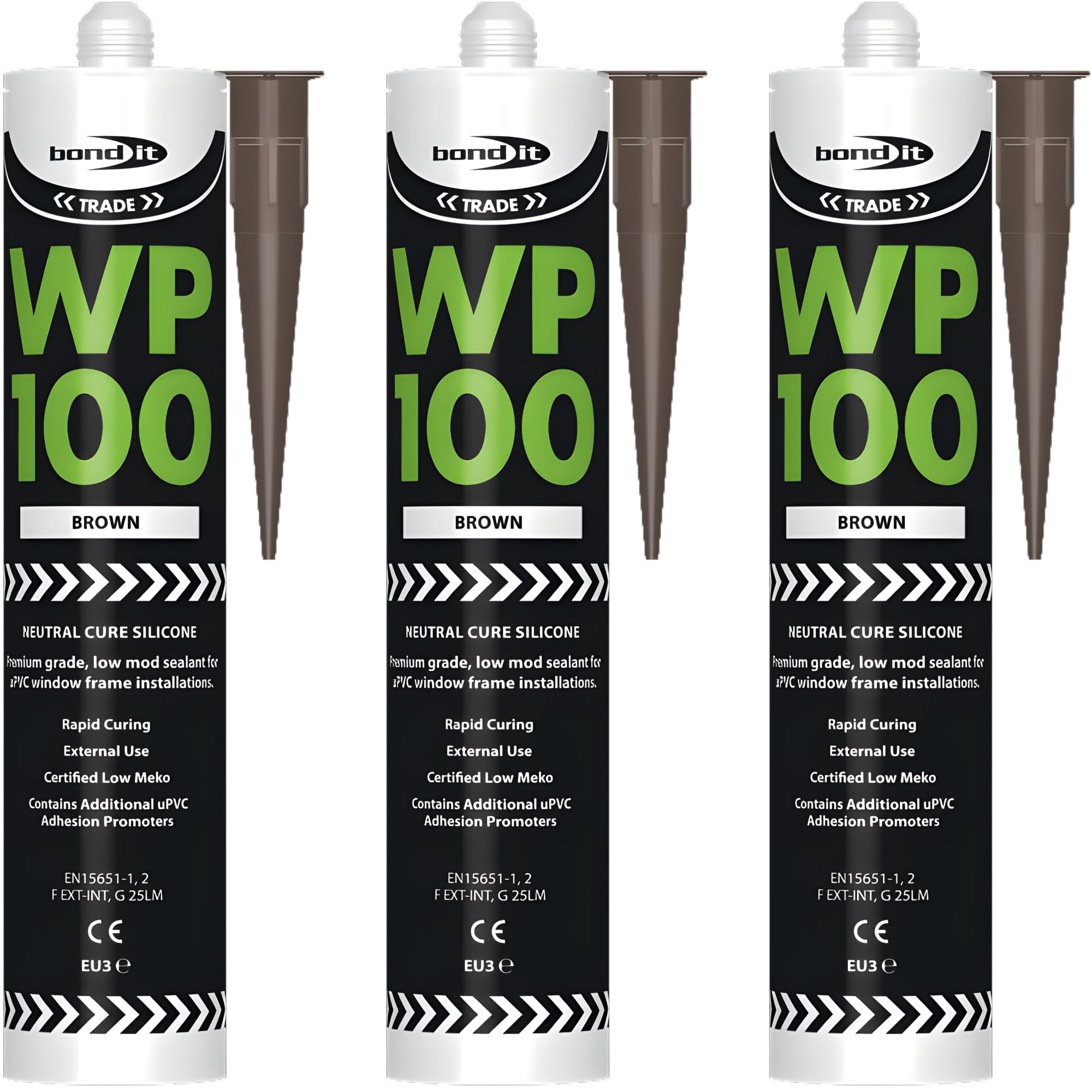 Bond It WP100 Brown Silicone Sealant Neutral Cure Oxime 3 Pack (285ml Each) – External Window & Door Sealant, Waterproof Exterior Silicone Sealant for uPVC Frames, Building & Construction Joint