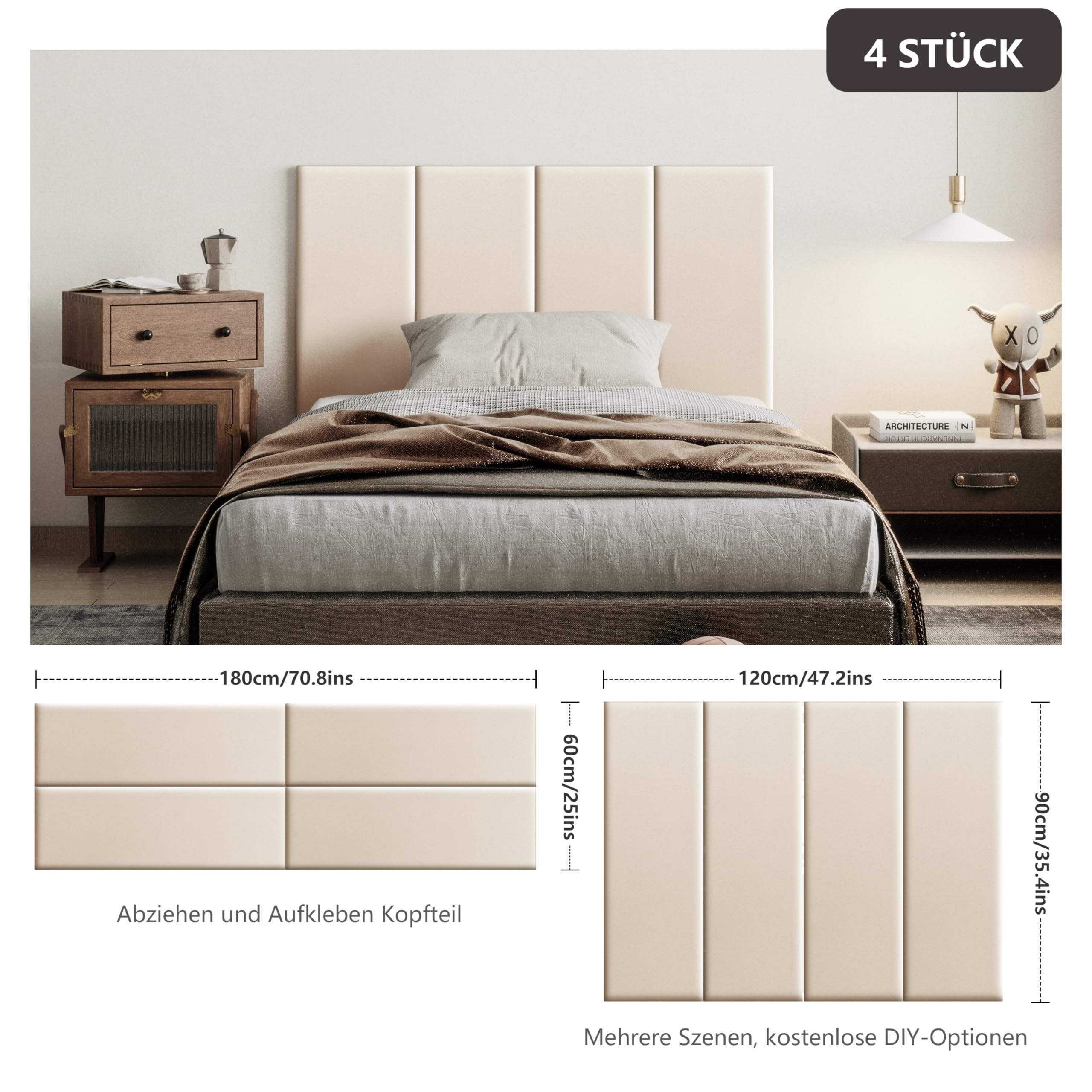 Johnear Lot de 4 coussins muraux 3D, en cuir rembourré, pour tête de lit, décoration murale, acoustique, pour chambre d'enfant, 90 x 30 cm, beige