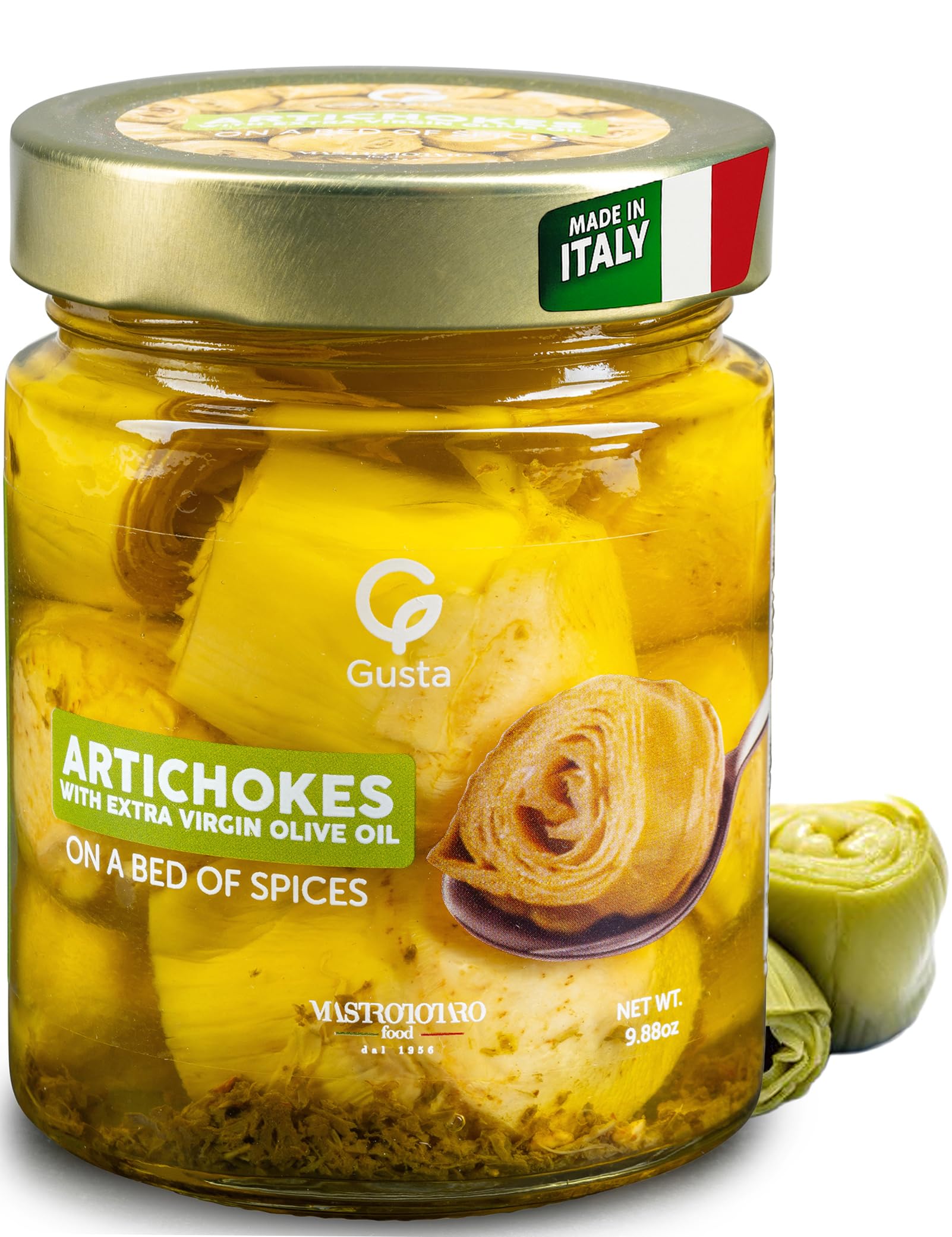 Gusta Artichokes in Olive Oil on a Bed of Spices - Made in Italy - Organic Artichokes Glass Jar with Extra Virgin Olive Oil - Non-GMO, All Natural - Perfect Snack - 9.88oz Glass Jar