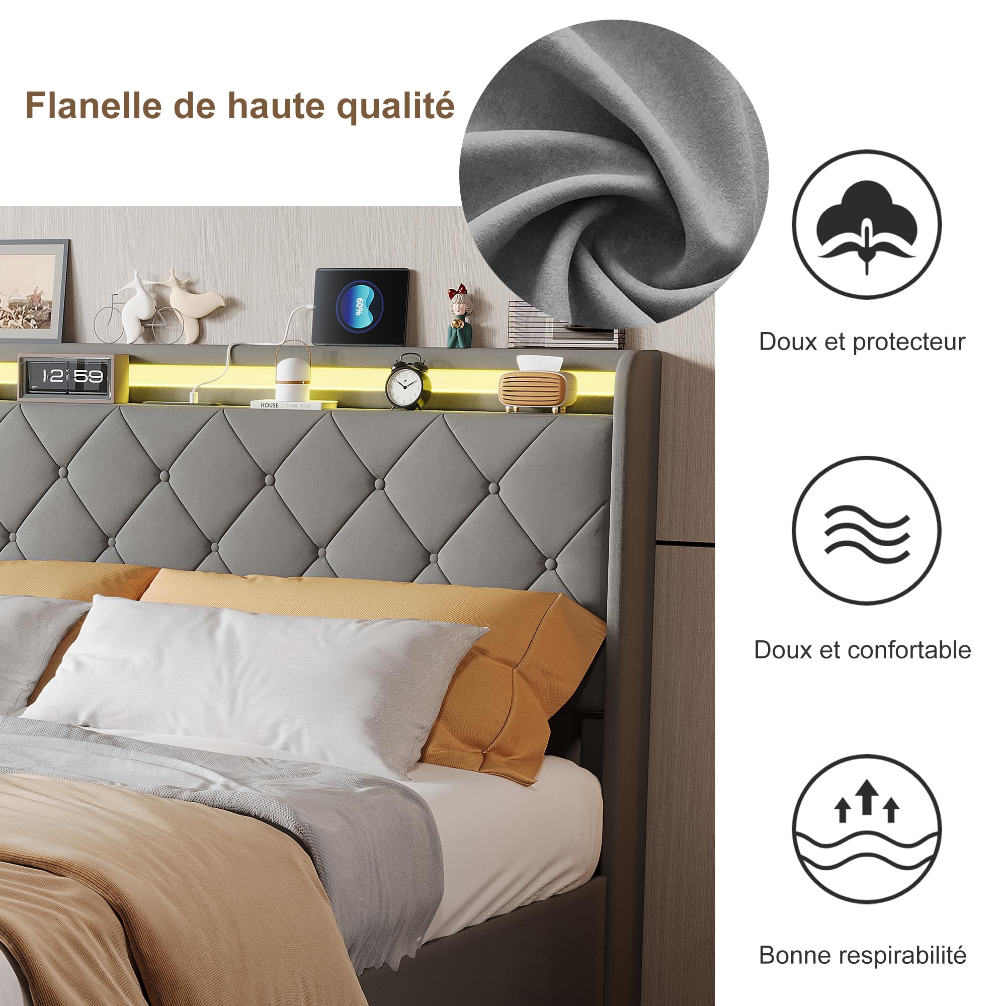 Wyściełane łóżko do przechowywania 160 x 200 cm Szare, LED RGB, USB-C i 4