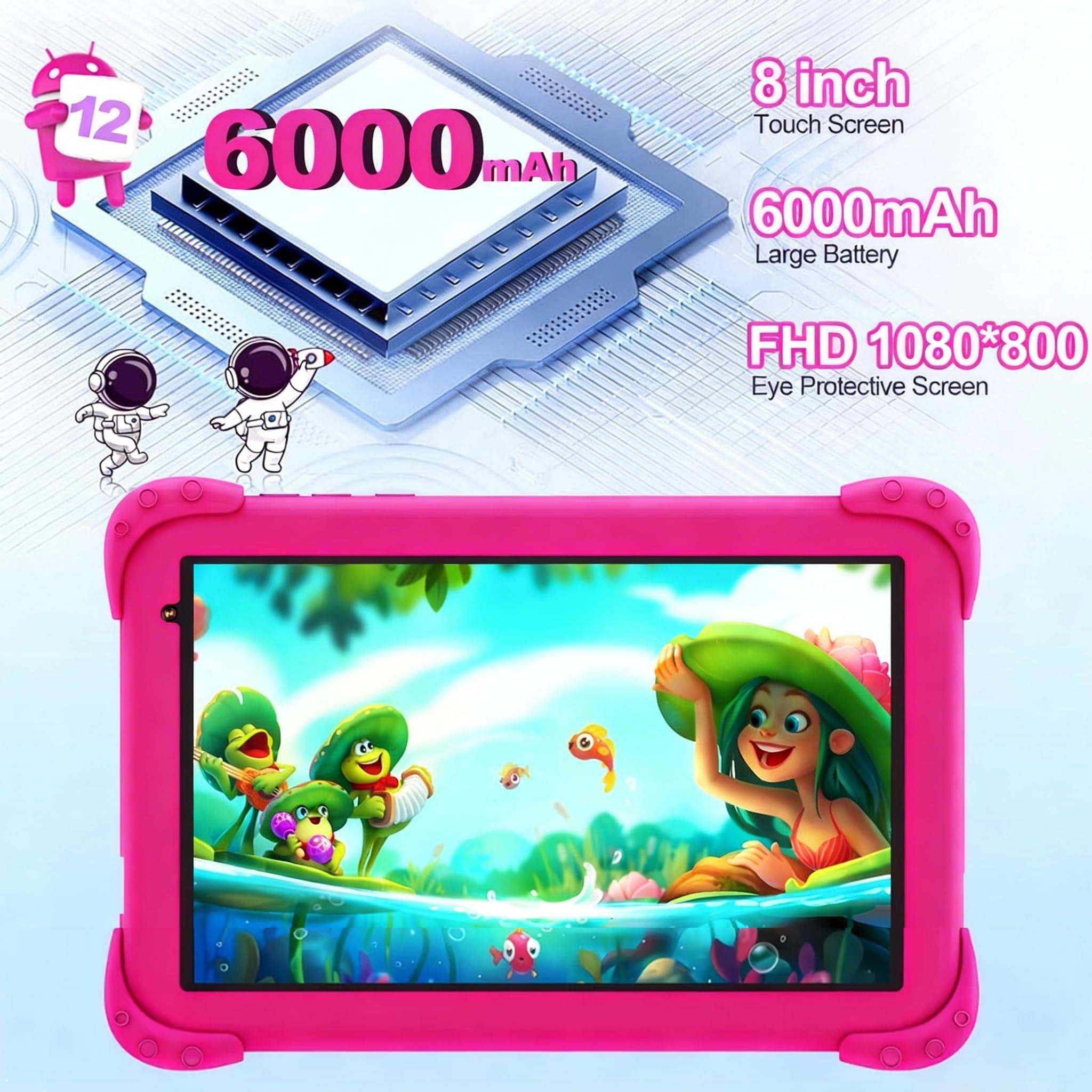 Kinder Tablet 8 Zoll mit WiFi Bluetooth 128 GB ROM 6 GB RAM Touchscreen Android 11 für Kinder 2 bis 10 Jahre,Kindersicherung,6000 mAh Es Wird mit Lern-Tablet mit Hülle,Rosarot