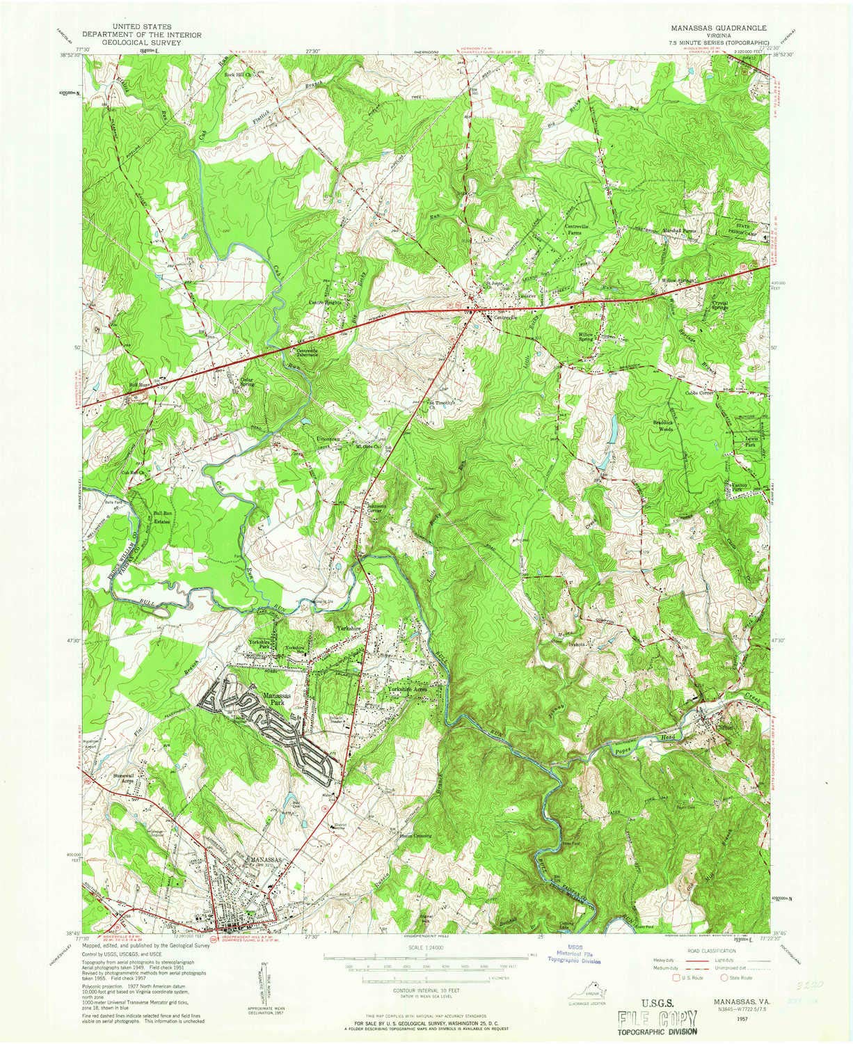 YellowMaps Manassas VA topo map, 1:24000 Scale, 7.5 X 7.5 Minute, Historical, 1957, Updated 1961, 27 x 22.1 in