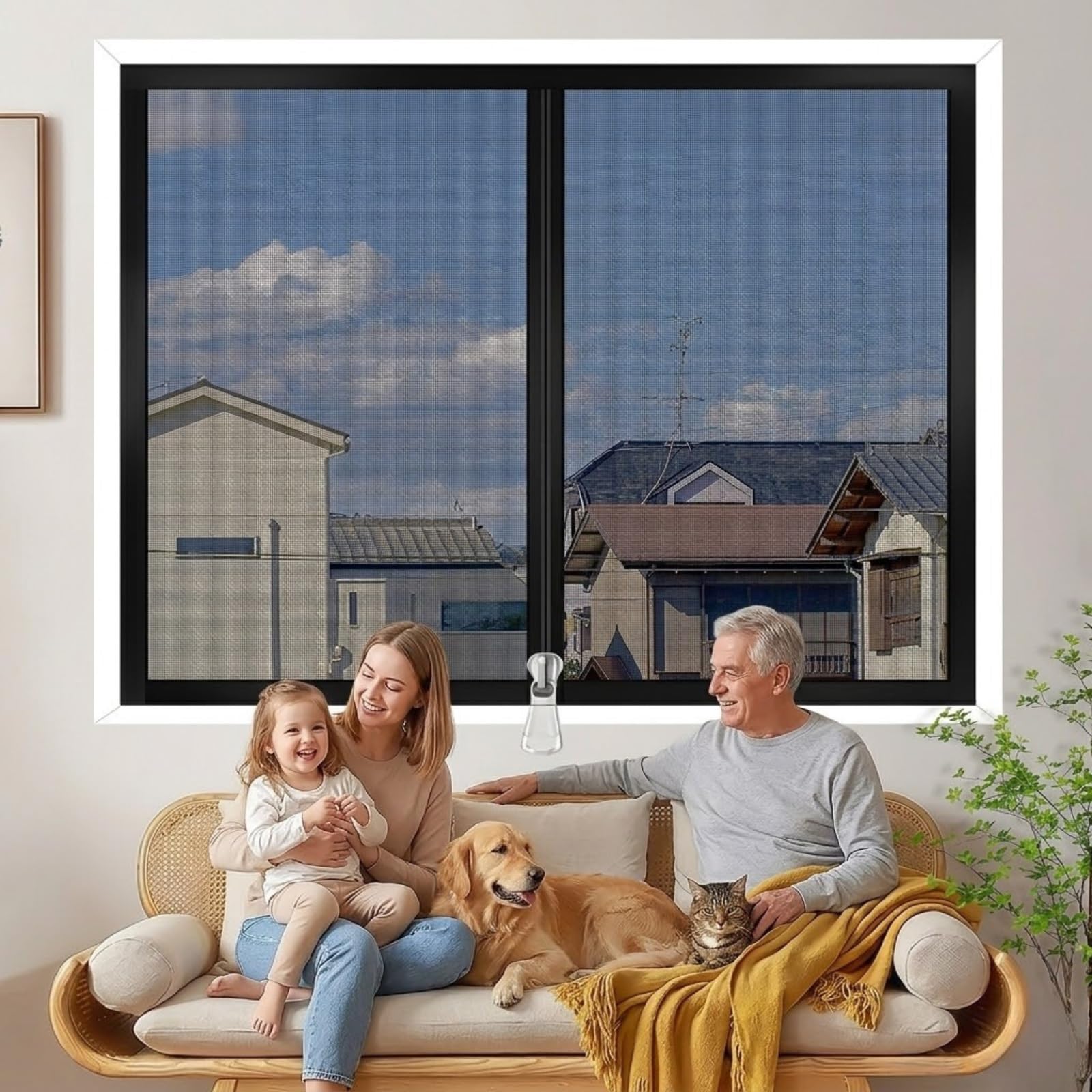 Zipper Version Fiberglass Mesh Window Screen, Cat Scratch Resistant Self-Adhesive Screen Foldable, Washable Keep Bugs Out Mesh Curtain for Bedroom Kitchen Seasonal Use(Black,60x100cm)