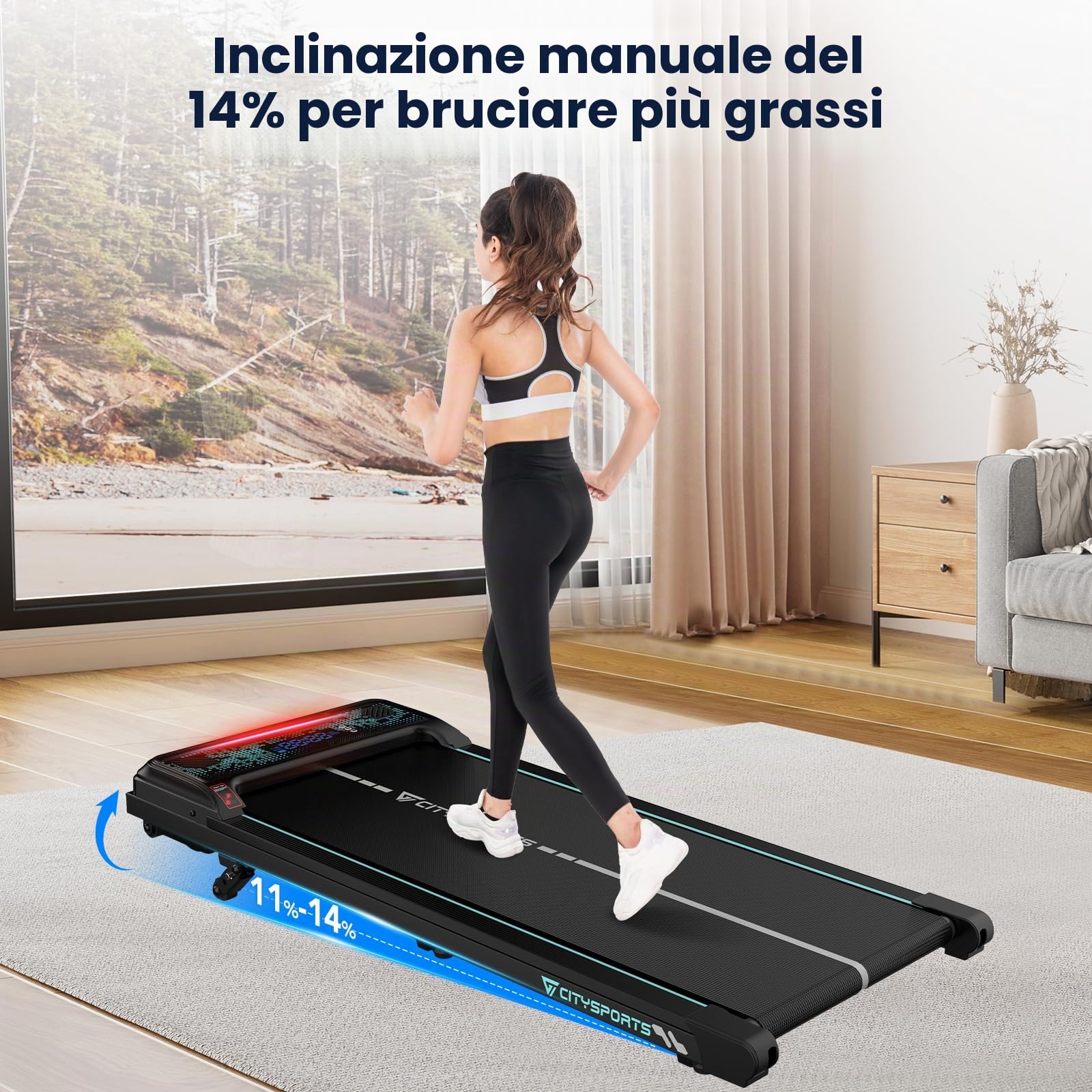 CITYSPORTS Tapis Roulant électrique 11 %–14 % inclinable – Tapis de Course compact avec LED & éclairage d’ambiance, 1–6 km/h, silencieux, télécommande, idéal maison et bureau