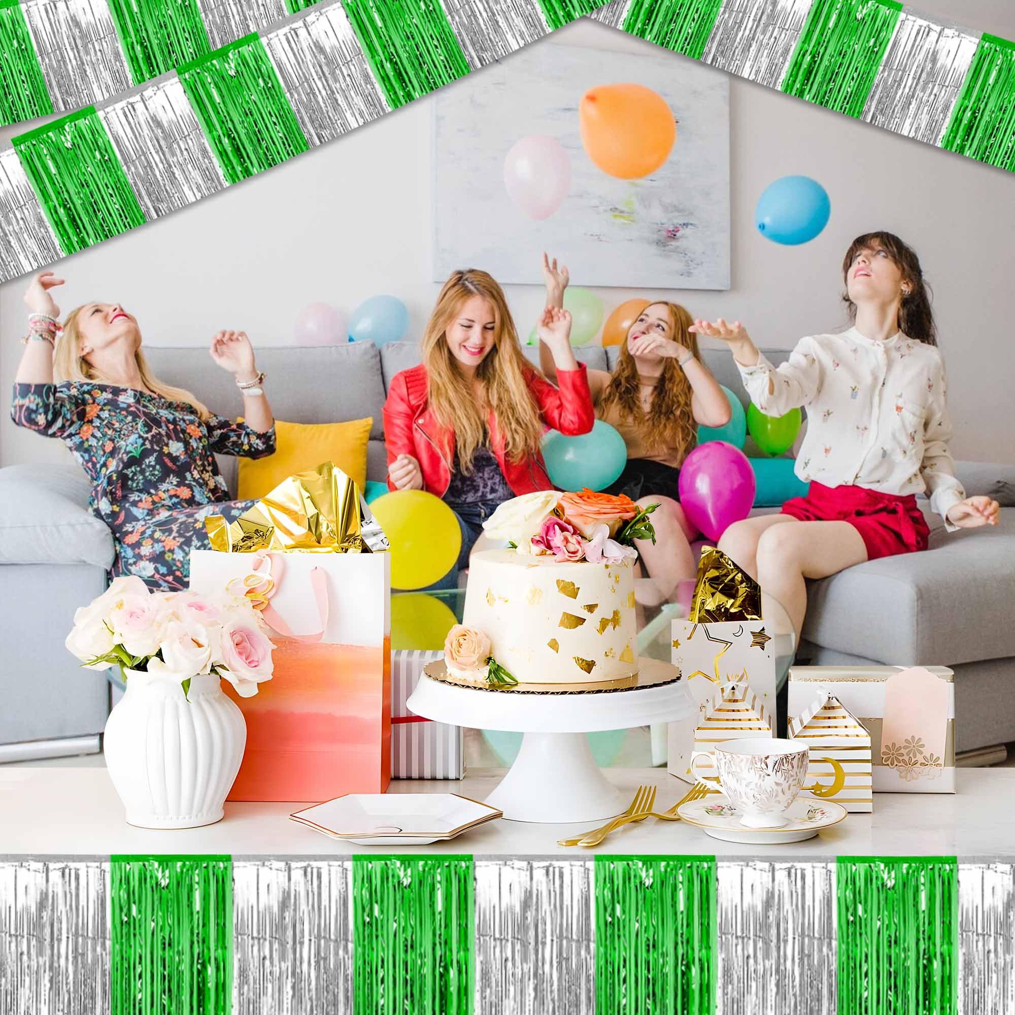 Paquete de 3 guirnaldas de flecos de papel de aluminio plateado y verde de 10 pies, guirnalda metálica para colgar en la pared para flotadores de desfile, cabina de fotos, Halloween, Navidad, Año