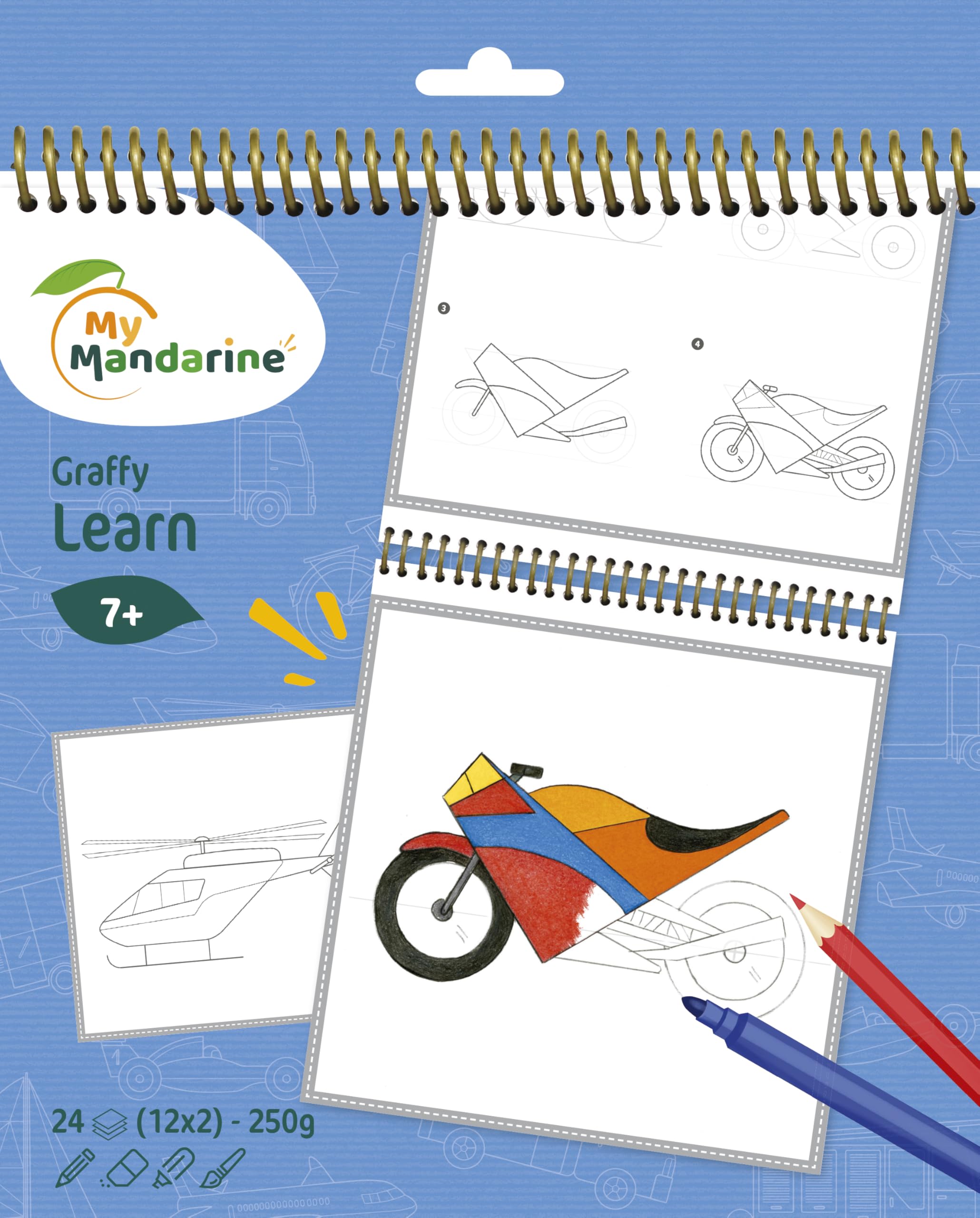 Mandarine MY GY169C - A Graffy Learn Colouring book to learn to draw - 24 drawings 250g - From 7 years - DINOSAURS - Children's Creative and Leisure Activity