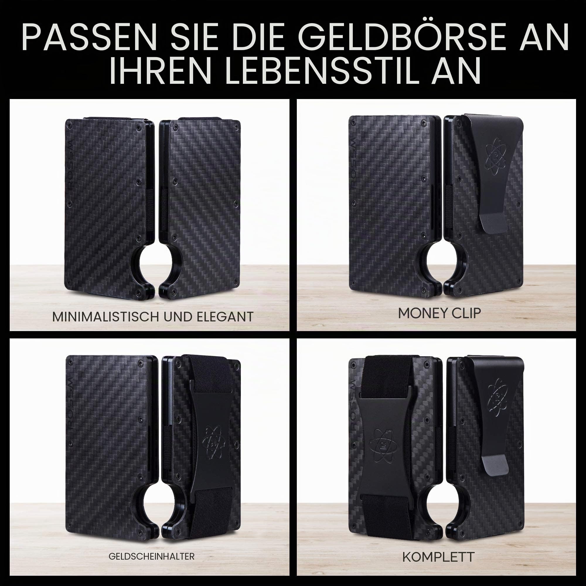 ROSSM Geldbörse Herren mit RFID-Schutz - Kartenetui Herren aus Kohlefaser und Metall mit Geldklammer und Gummiband - RFID Geldbeutel Herren- Slim Wallet for Men
