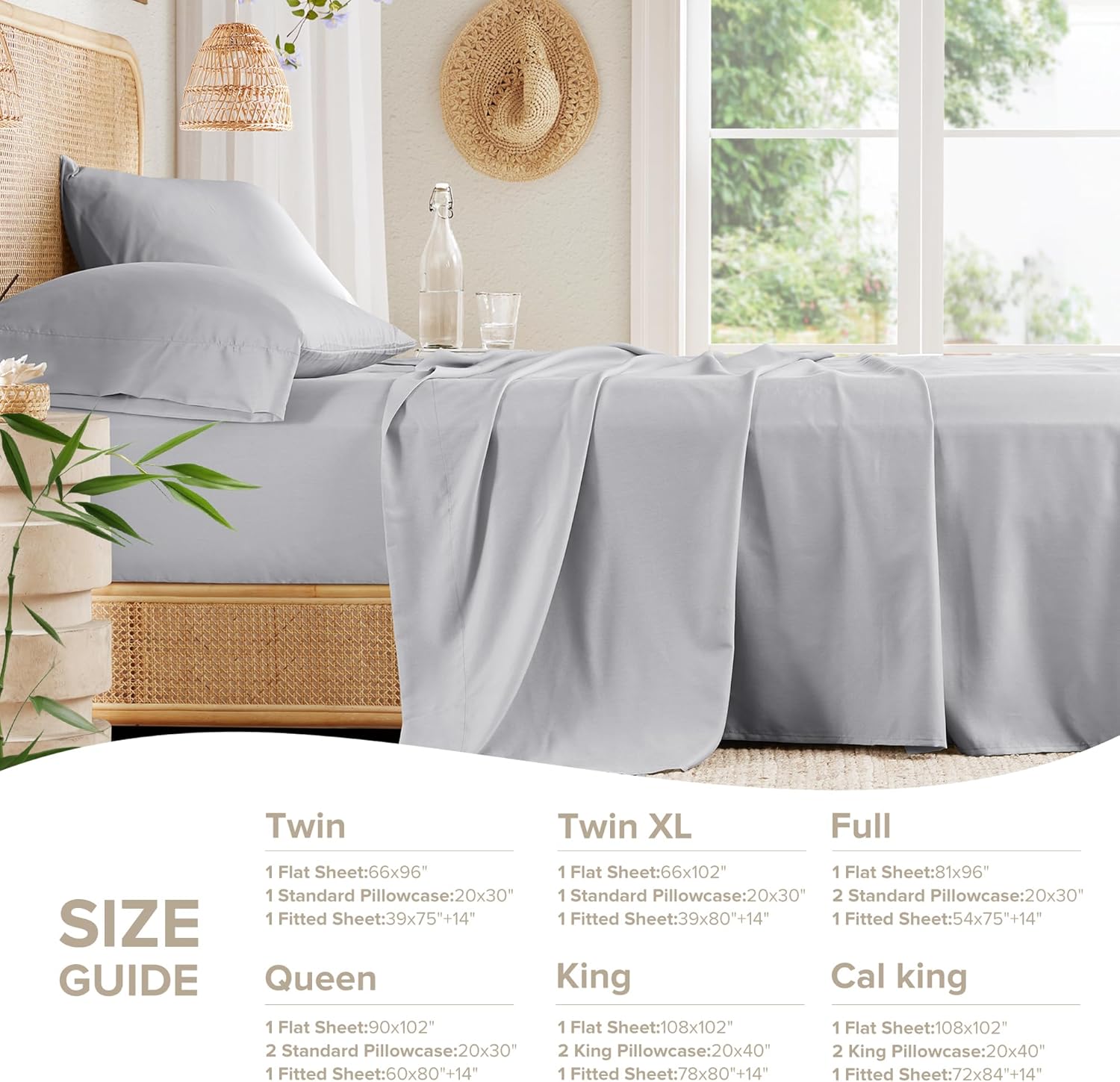 Comfort Spaces Cooling Sheet Set Poly X Rayon Blend (Rayon Derived from Bamboo), Soft, Silky, Lustrous, Heathered Finish King Sheets for Summer All Season Sheet Set, King, Light Grey, 4 Piece