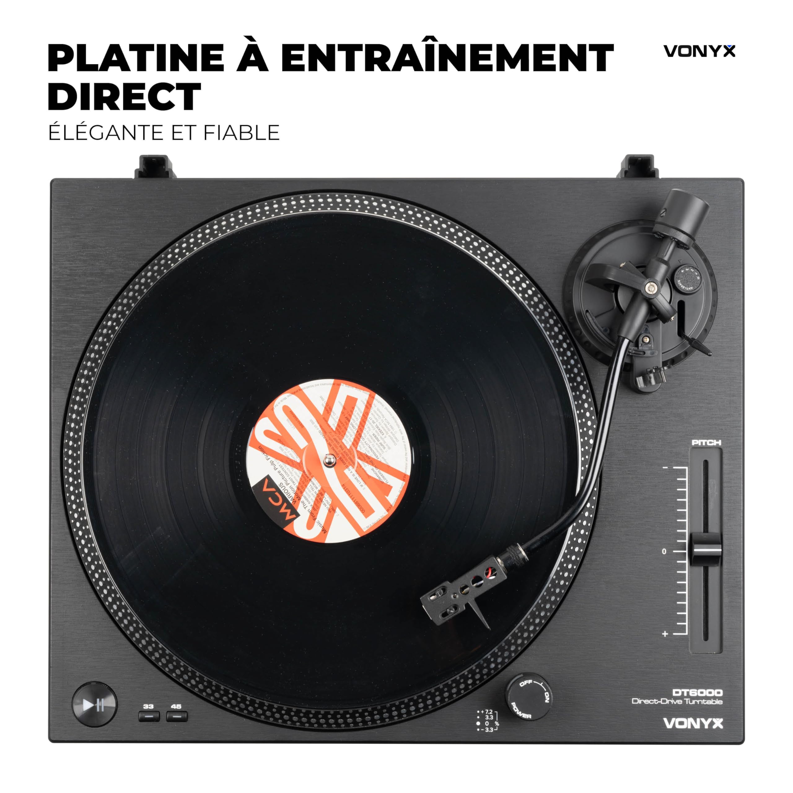 Vonyx DT6000 Platine Vinyle DJ Direct Drive avec Cellule Audio-Technica, Entrainement Direct 33/45 Tours pour Mix et Scratch