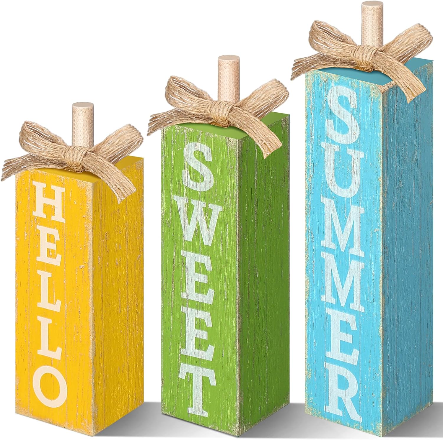 3 Pcs Hello Sweet Summer Table Block Sign Hello Summer Tiered Tray Decor Rustic Farmhouse Wooden Tabletop Centerpieces for Home Kitchen Shelf Indoor Party Decorations