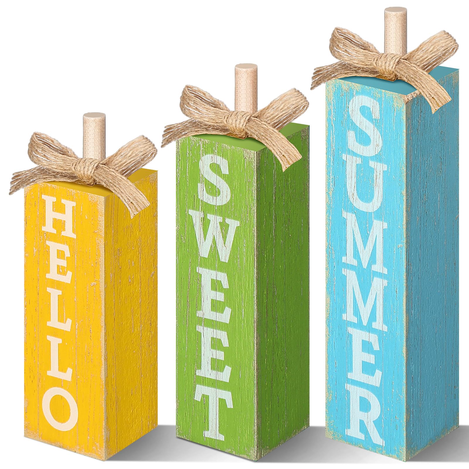 Seeloowy 3 Pcs Hello Sweet Summer Table Block Signs Rustic Farmhouse Wood Lemon Centerpiece Blue Yellow Green Hello Summer Decorations for Tiered Tray
