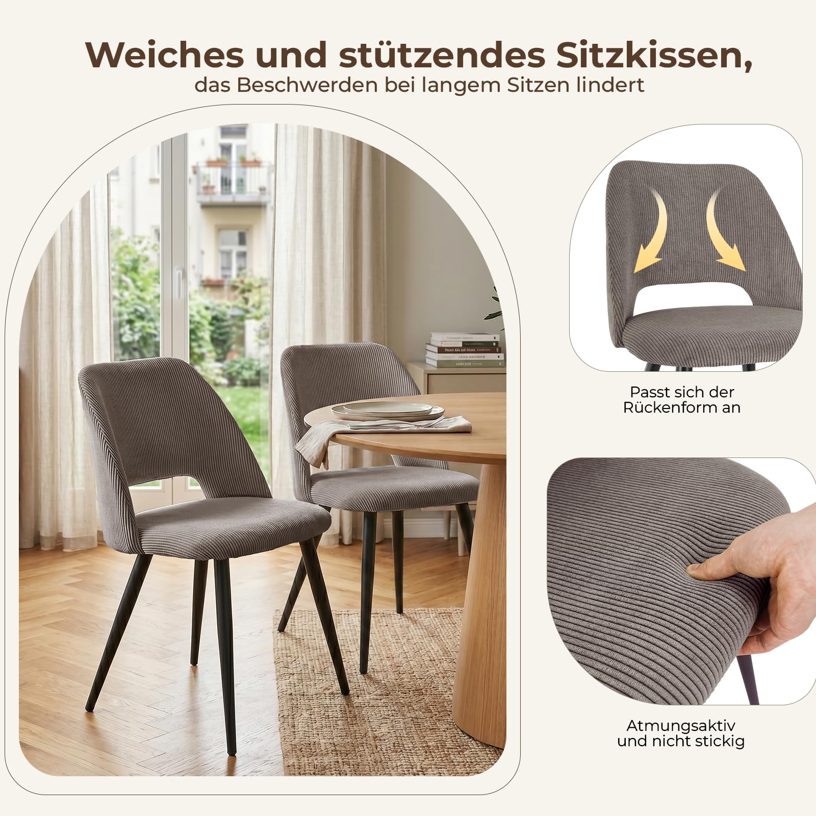 4er Set Esszimmerstühle aus Cord,Stuhlbeine aus Metall,Braun Stuhl | Tragkraft 150 kg,Gepolsterter Stuhl mit durchbrochenem Design,Moderne Restaurantstühle, Küchenstühle, Wohnzimmerstühle