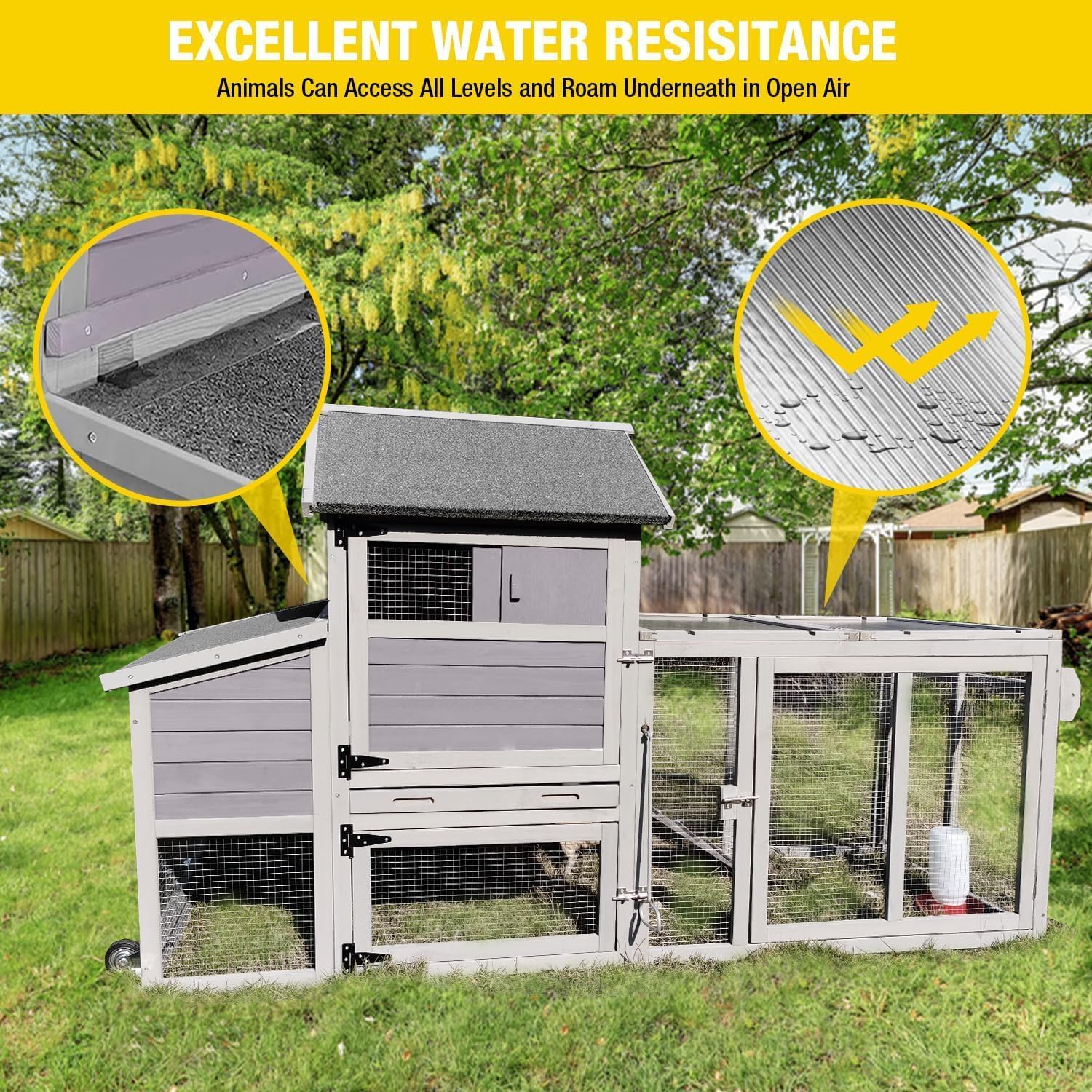 Chicken Coop with Wheels Outdoor Wooden Poultry Cage with Run Mobile Rabbit Hutch Guinea Pig House Portable Backyard Farm Hen House with UV Protection Weatherproof Small Animal Habitat