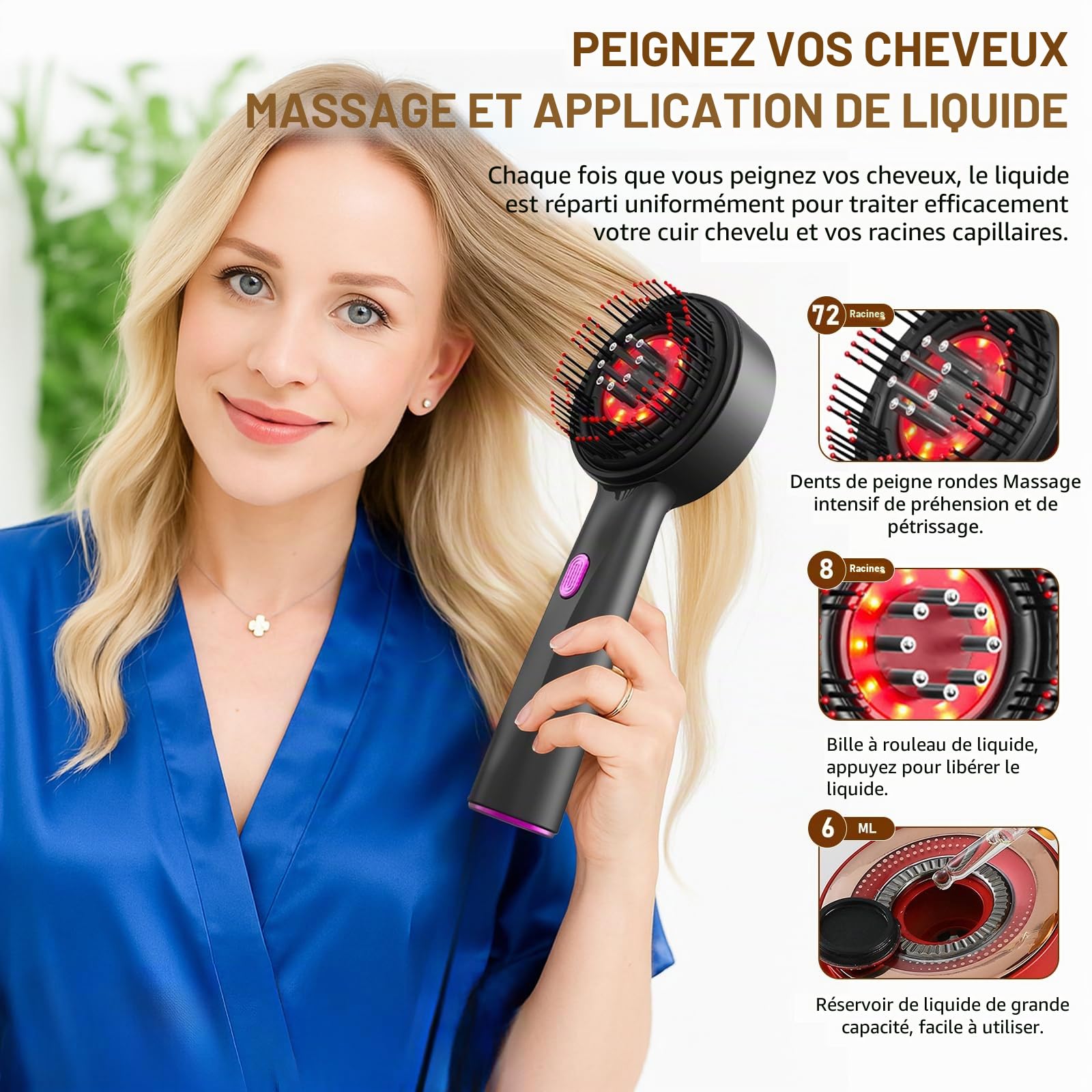 Brosse Massage Cuir Chevelu, Masseur de Tête Électrique, Scalp Massager Applicateur Huile Cheveux avec Lumière Rouge, 3 Modes de Massage, Étanchéité IPX7, pour Détente du Cuir Chevelu (Gris)