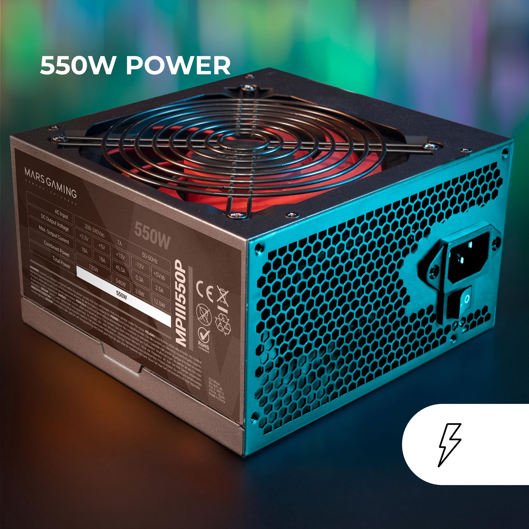 Mars Gaming MPIII550P, Fuente Alimentación ATX 550W, 5 Años Garantía, APFC, Ventilador FDB 120mm AI-RPM, Tecnologías DC-DC y SMD, Condensadores Japoneses 105º, Cables Premium Texturizados, Negro