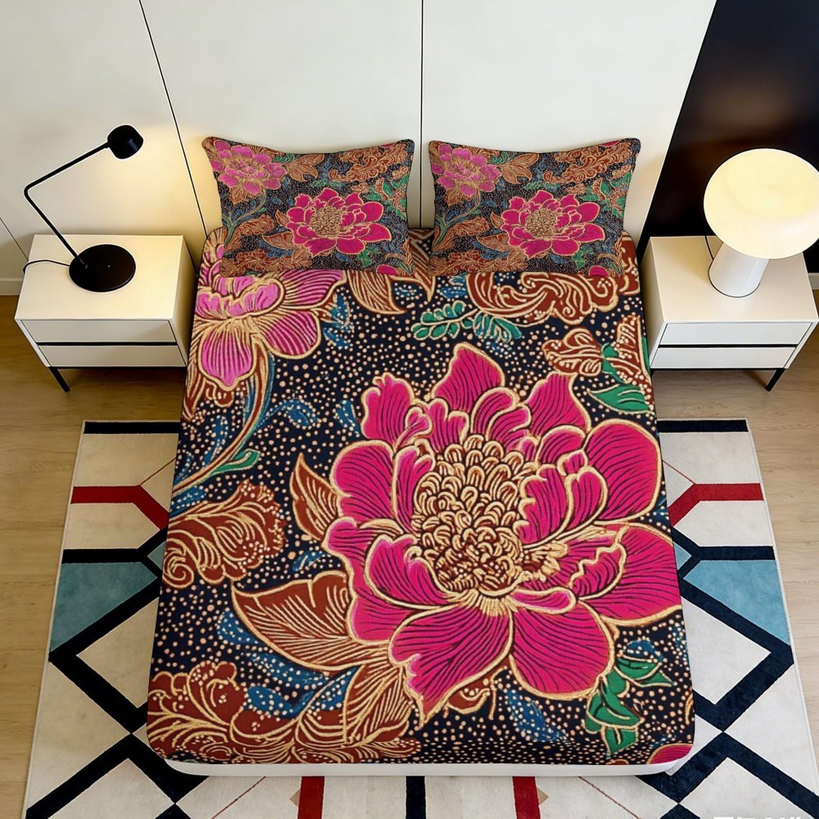 3D Printed Floral Peony Fitted Sheet Microfiber Soft Decorative Lotus Bed Cover for Bedroom Dorm Mattress Protection 180x200x25cm