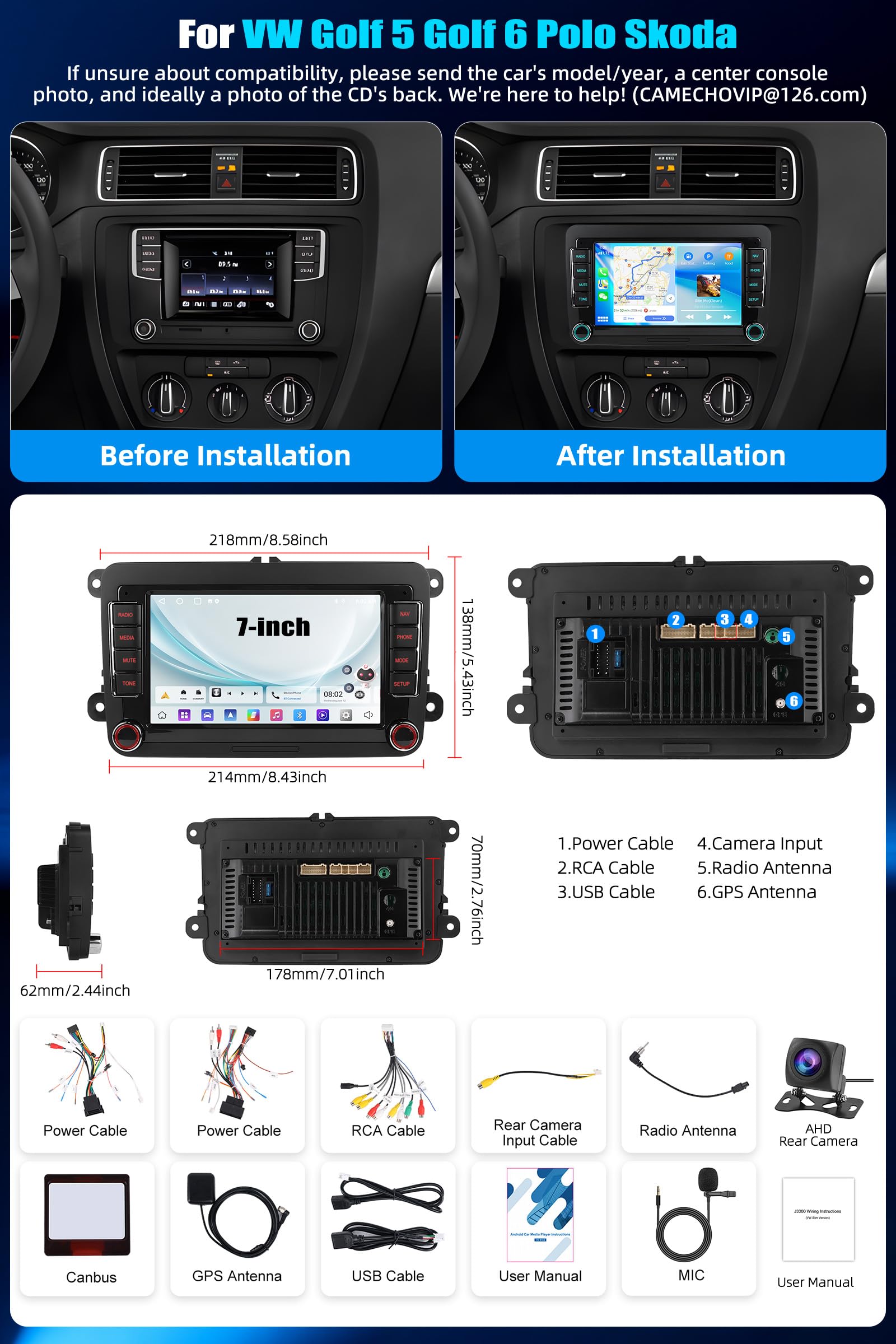 2+64G CAMECHO Android 15 Carplay Autoradio pour VW Golf 5 6 Polo 5 T5 Skoda Passat B6 B7 Seat, Nav sans Fil Android Auto, 7" Radio pour Golf 5 WiFi Bluetooth Lien Miroir FM/RDS +Caméra de Recul