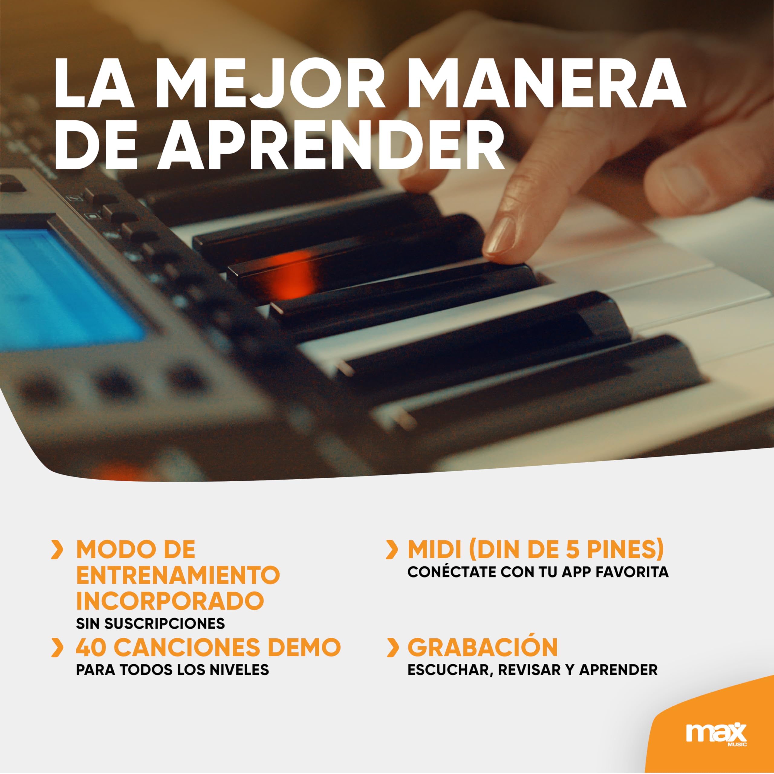 MAX Rhapsody61M Piano digital Midi, 61 teclas, teclado de piano eléctrico sensibles al tacto, 600 sonidos, USB, MP3, pantalla, modos de aprendizaje, entrada auxiliar, incluye auriculares y soporte