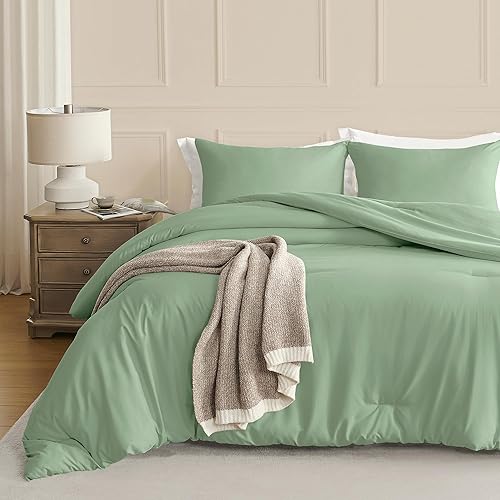 Miniatura 2 de downluxe Juego de edredón tamaño Queen, color verde salvia, juego de edredón ligero y sólido de 3 piezas, juego de edredón suave y cálido para todas