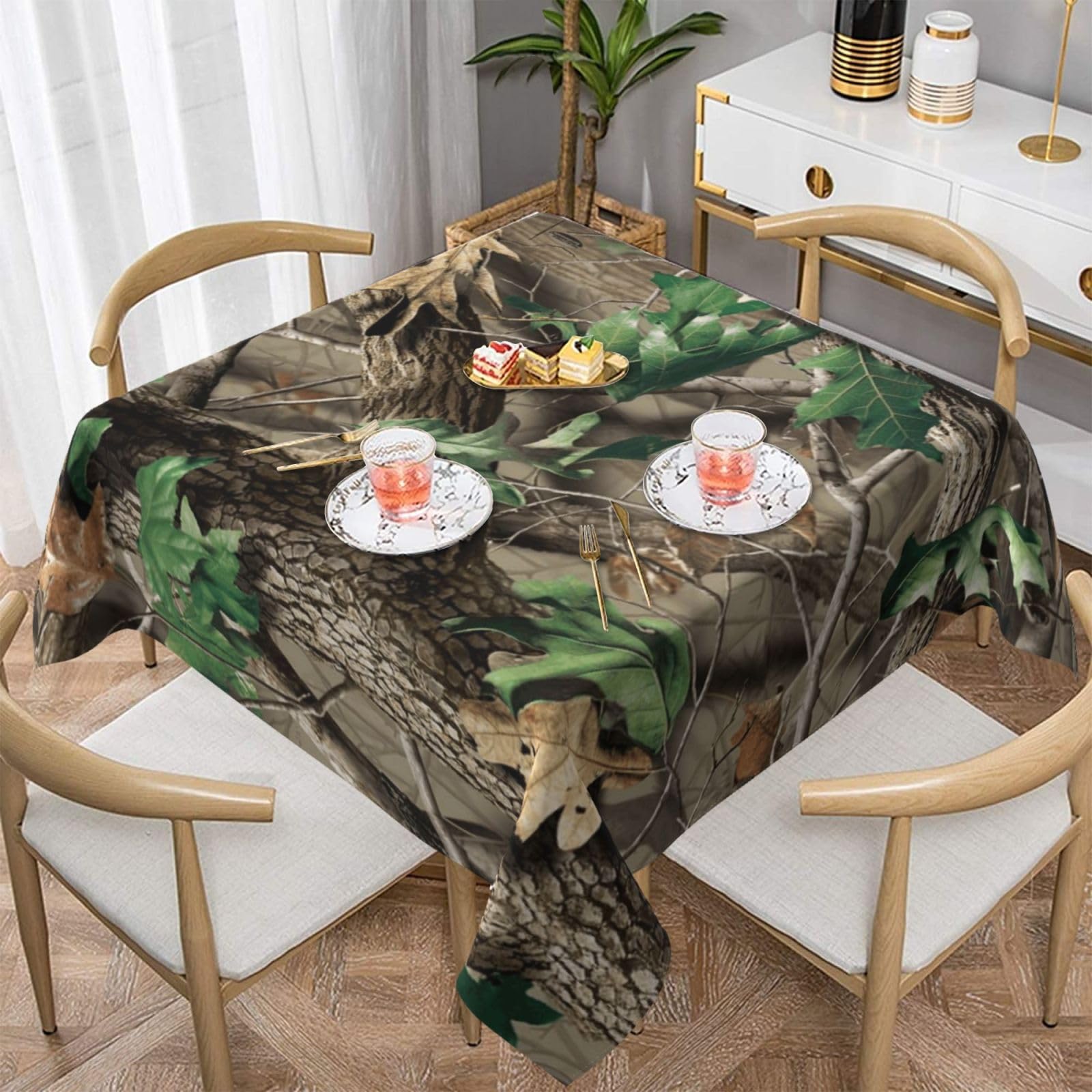 DCEHGEW Hardwoods Green Camouflage Prints Square Tablecloth 137x137 CM, Waterproof Fabric Table Cloth for Dining Table, Farmhouse Table Cover for Kitchen Dining Tabletop Decoration