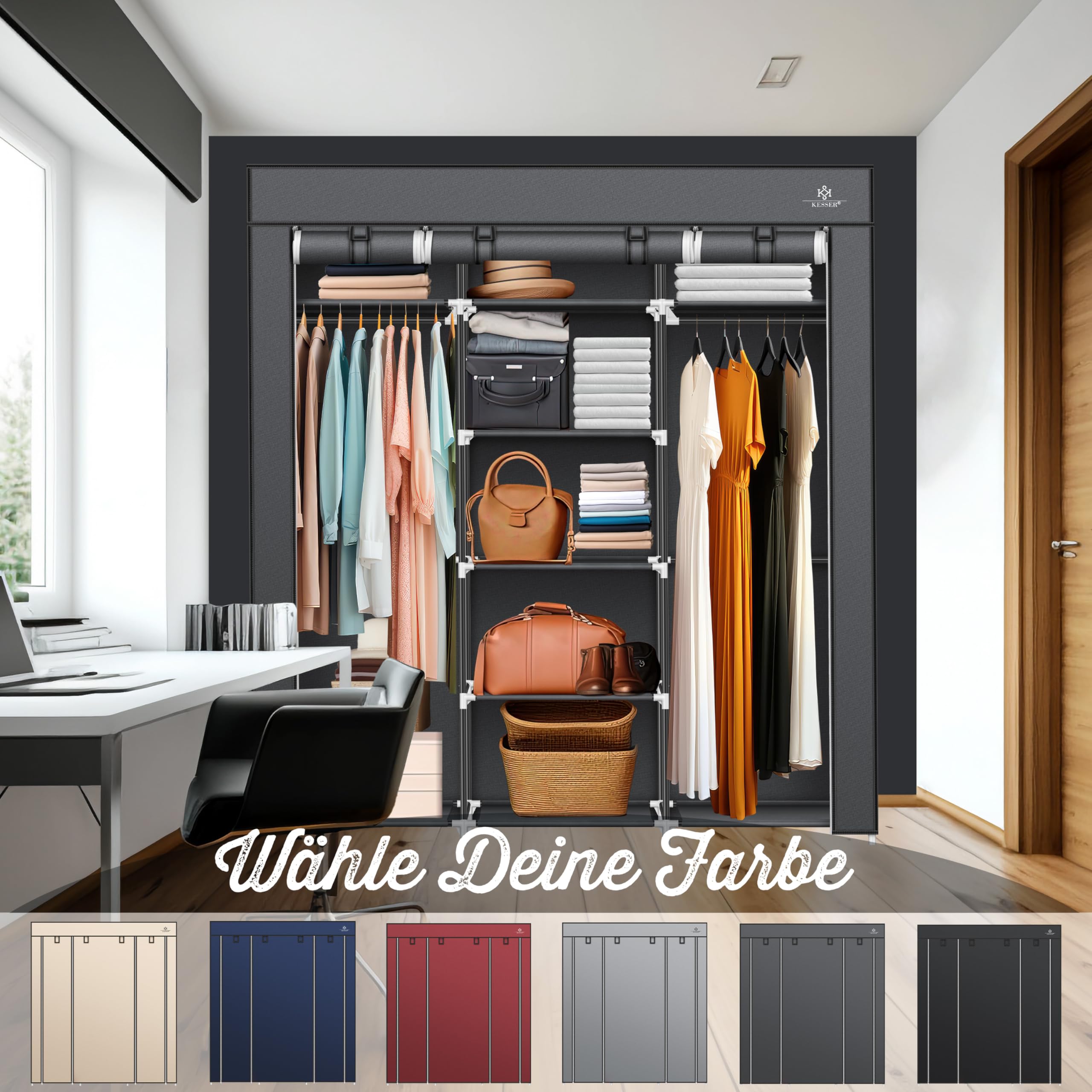 KESSER® Kleiderschrank Stoffschrank Stabil mit Kleiderstange & Ablagen, Inkl. 5X Kleiderbügel, Stoff Faltschrank für Schlafzimmer, Ankleidezimmer Garderobe mit Kleiderständer 150x45x175cm Anthrazit
