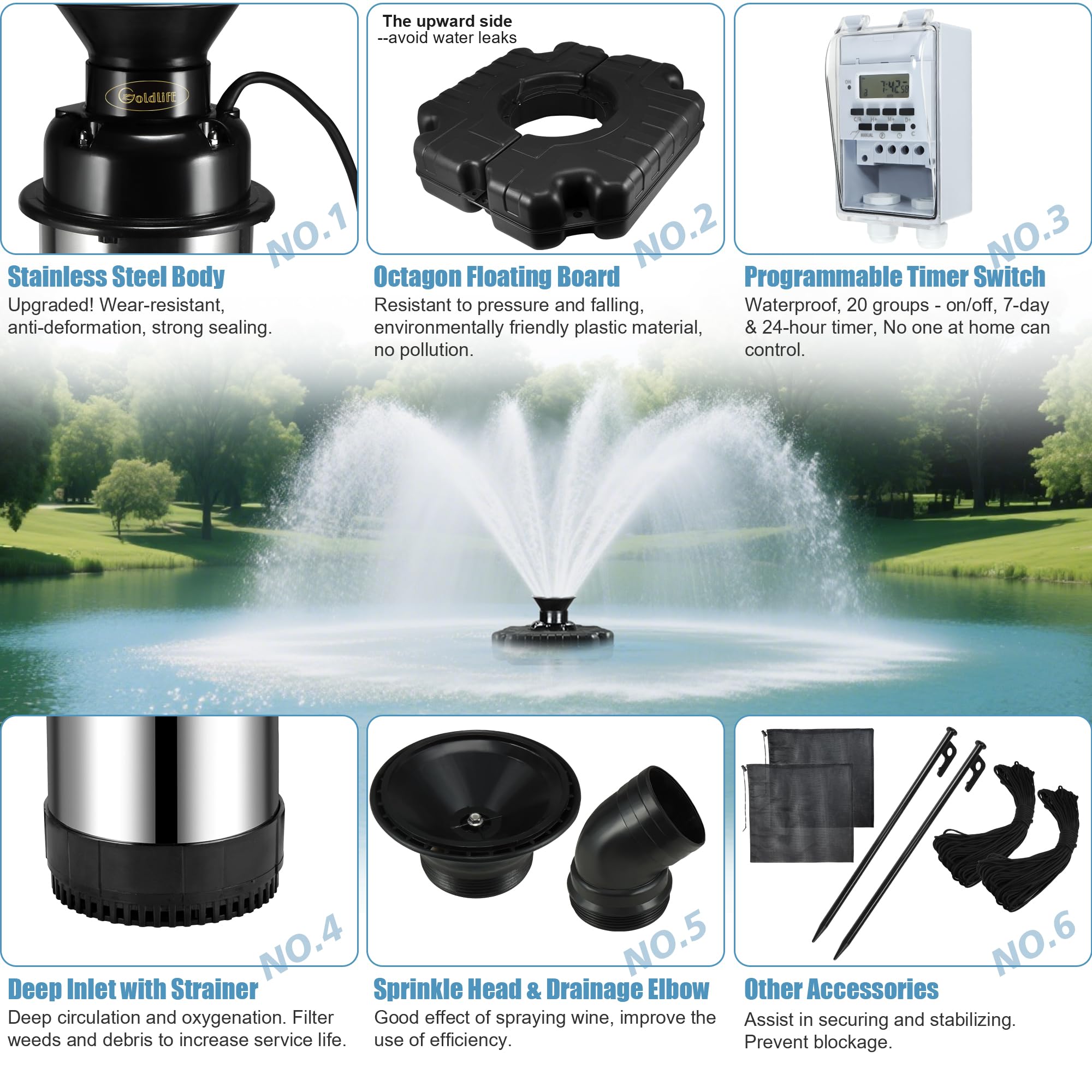 Goldlife - Aerator fontannowy do stawu, F3, 1 HP 750 W, 110 V, pływający zasilacz, ze stali nierdzewnej z przewodem zasilającym o długości 100 stóp, ośmiokątna pompa do stawu