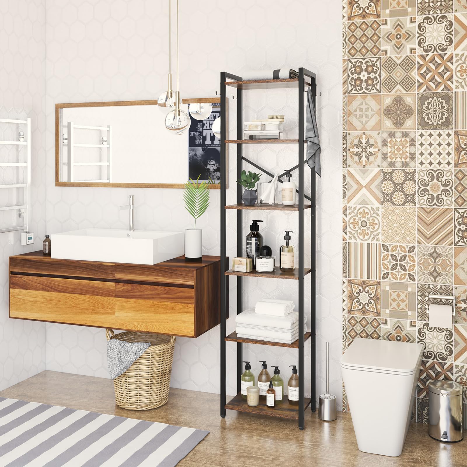 YMYNY Boekenplank, 6-laags opbergrek, plantenrek, opbergrek met stalen frame, voor woonkamer, kantoor, studeerkamer, hal, industriële stijl, rustiek bruin en zwart HBC001H
