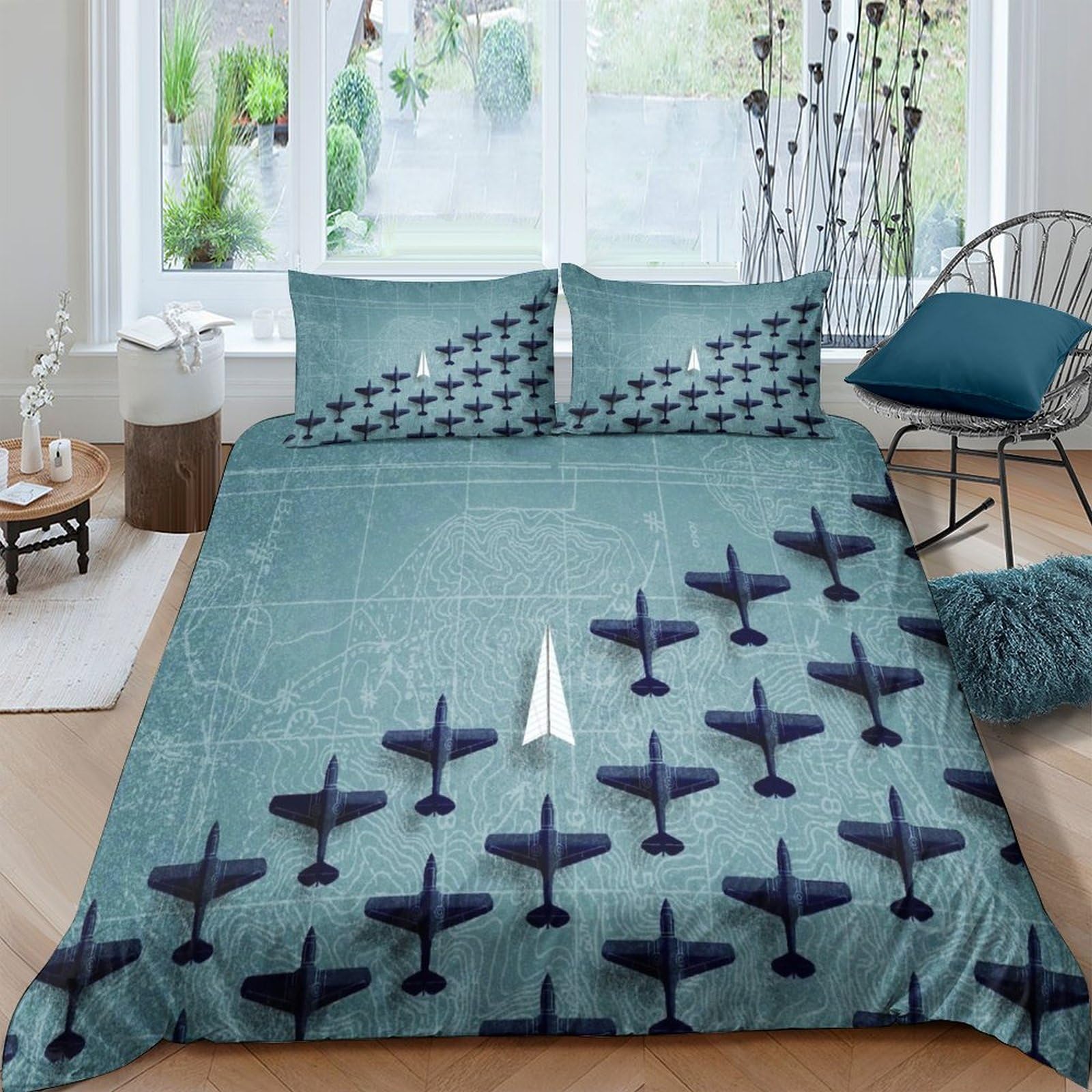 Funda nórdica de aviones para cama doble con dos fundas de almohada de microfibra suave 200x200cm
