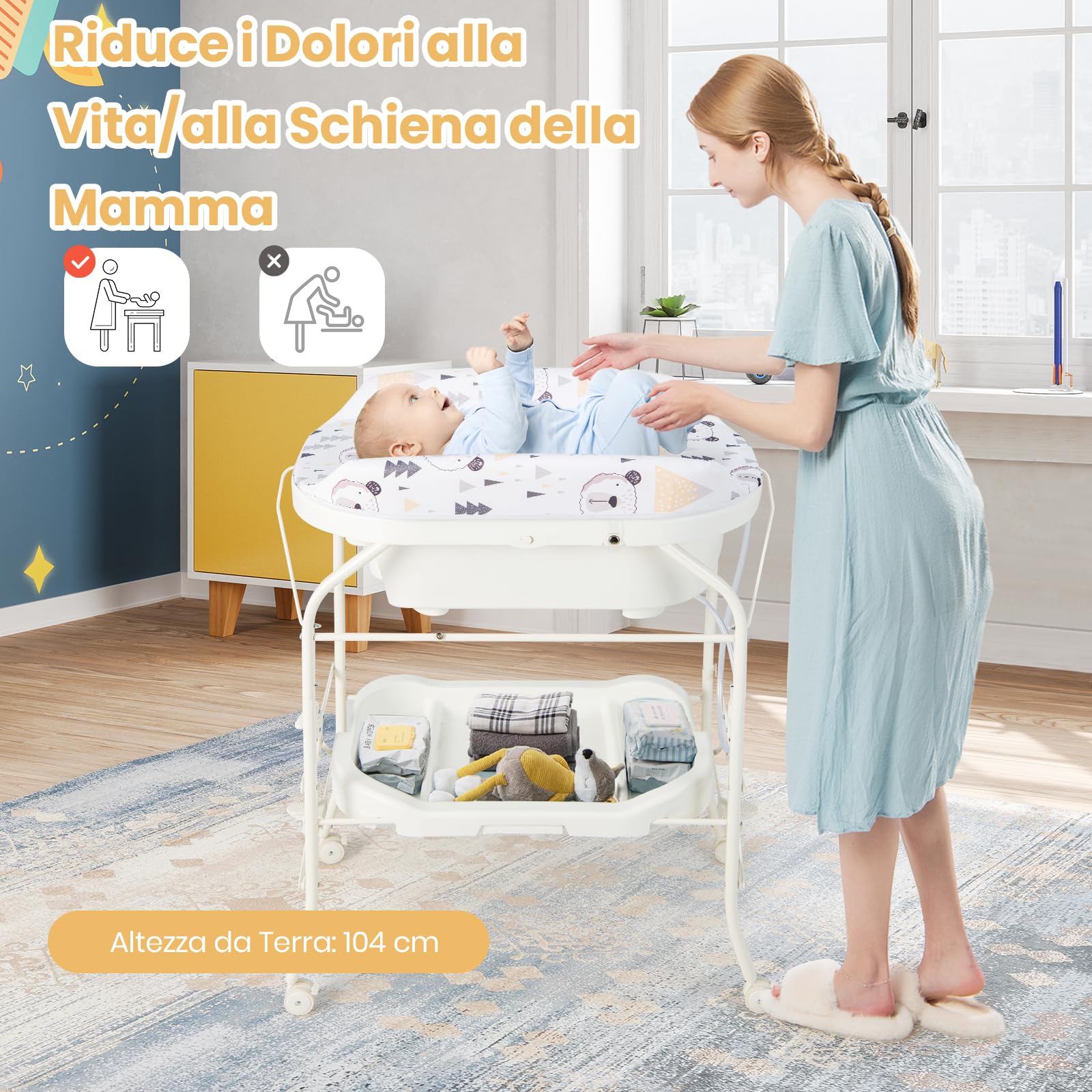 GYMAX Fasciatoio da Bagno per Bagnetto, con Vassoio Portaoggetti, Ruote con Freni, Pieghevole Salvaspazio con Materassino in PVC Ruote, 0-12 Mesi fino a 11kg, 86 x 54 x 104,5 cm (Bianco)