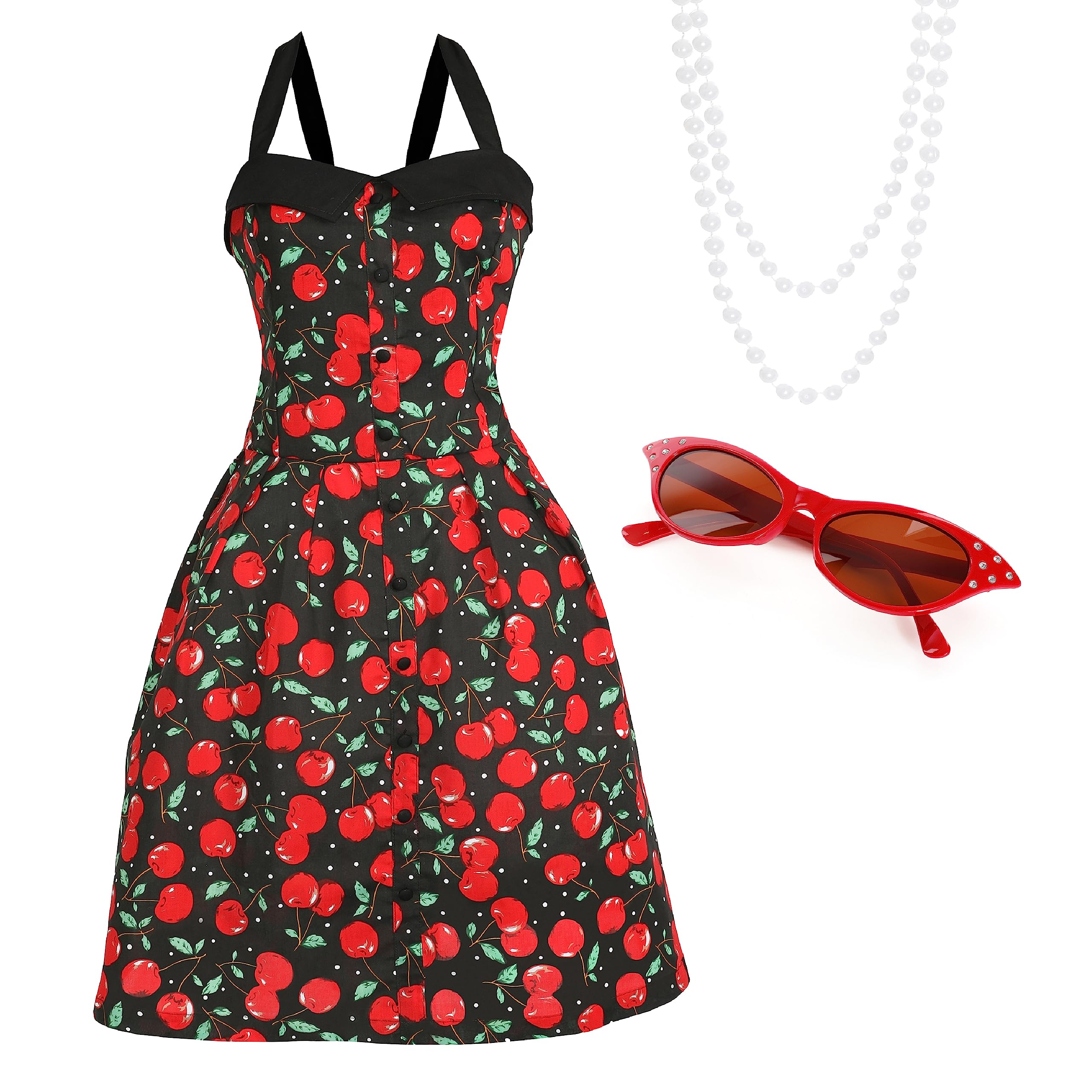 Ladies 1950s Costume Set - Small/Medium - Black & Red Rockabilly Dress, Red Cat Eye Glasses, Pearl Necklace - Adults 50s Party Fancy Dress Costume Set