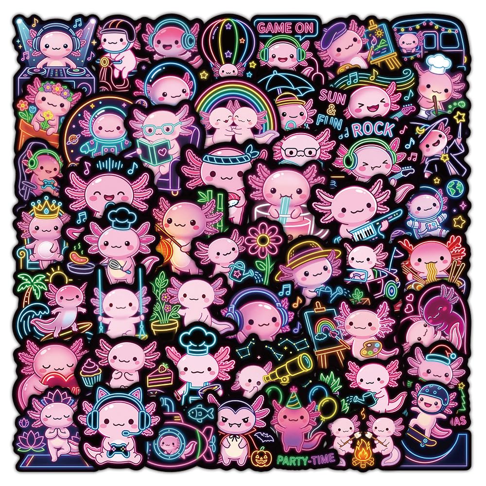 Pack of 50 Neon Axolotl Vinyl Stickers Waterproof Self-Adhesive